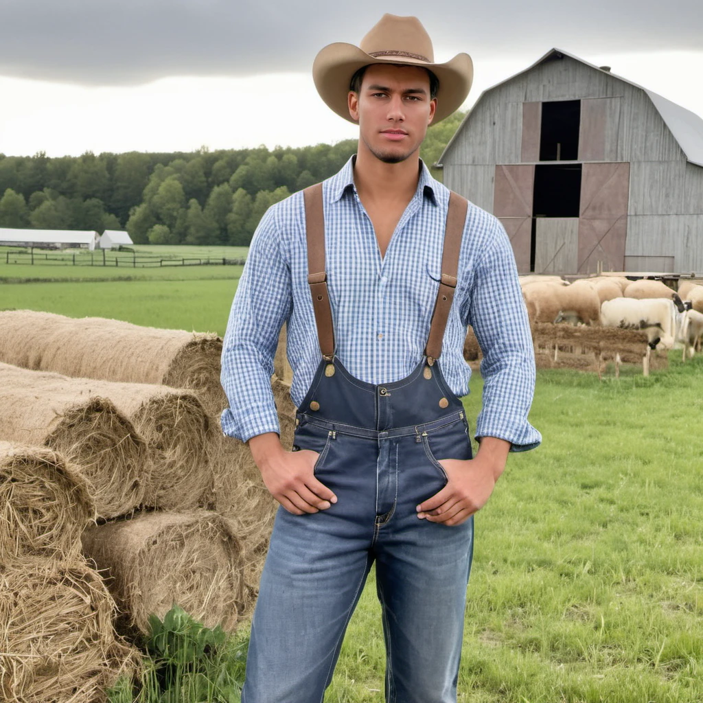 Hyperrealistic art full body photo of a man, wearing a country boy outfit, at a farm, looking at viewer, j0rd4n, <lora:jord51:1> . Extremely high-resolution details, photographic, realism pushed to extreme, fine texture, incredibly lifelike