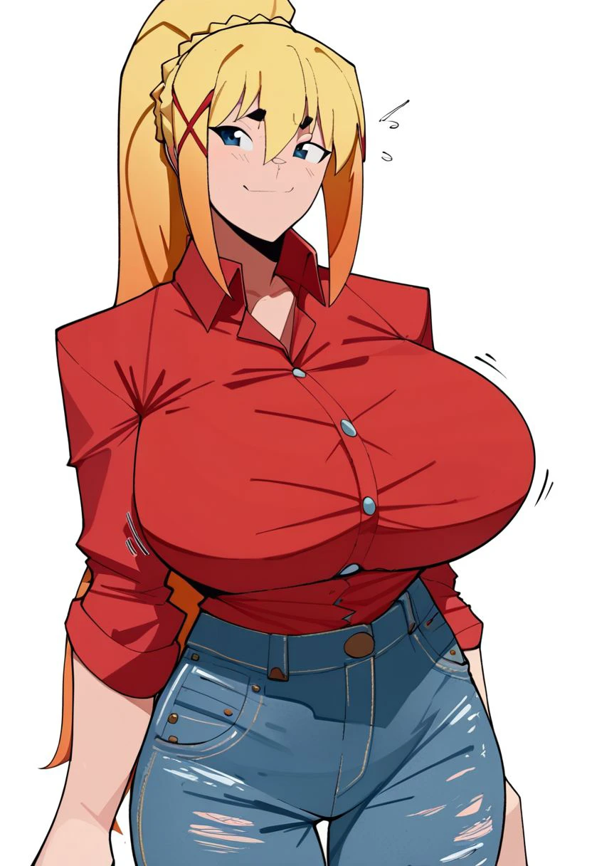 score_9, score_8_up, score_8, Ryuwanshoy \(Artist\), ryuwan \(Artist\), @Ryuwanshoy, masterpiece, high quality, highly detailed, Darkness (Konosuba), red collared shirt, denim jeans, portrait shot, facing viewer,  huge breasts,  twitching, countryside background