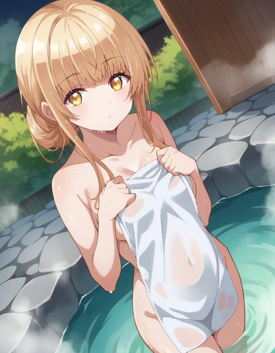 score_9, score_8_up, score_7_up, source_anime,
mahirushiina, <lora:mahiru-shiina-s1-ponyxl-lora-nochekaiser:1>
mahiru shiina, bangs, blonde hair, brown hair, yellow eyes,
nude, naked,
outdoors, onsen, towel, naked towel, steam, bathing, nude cover, partially submerged, water, bath, steam censor, wet towel,
looking at viewer, dutch angle, cowboy shot