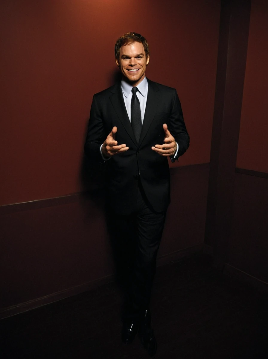 dexter morgan, suit and tie, hands, grin <lora:dexter-000005:1>