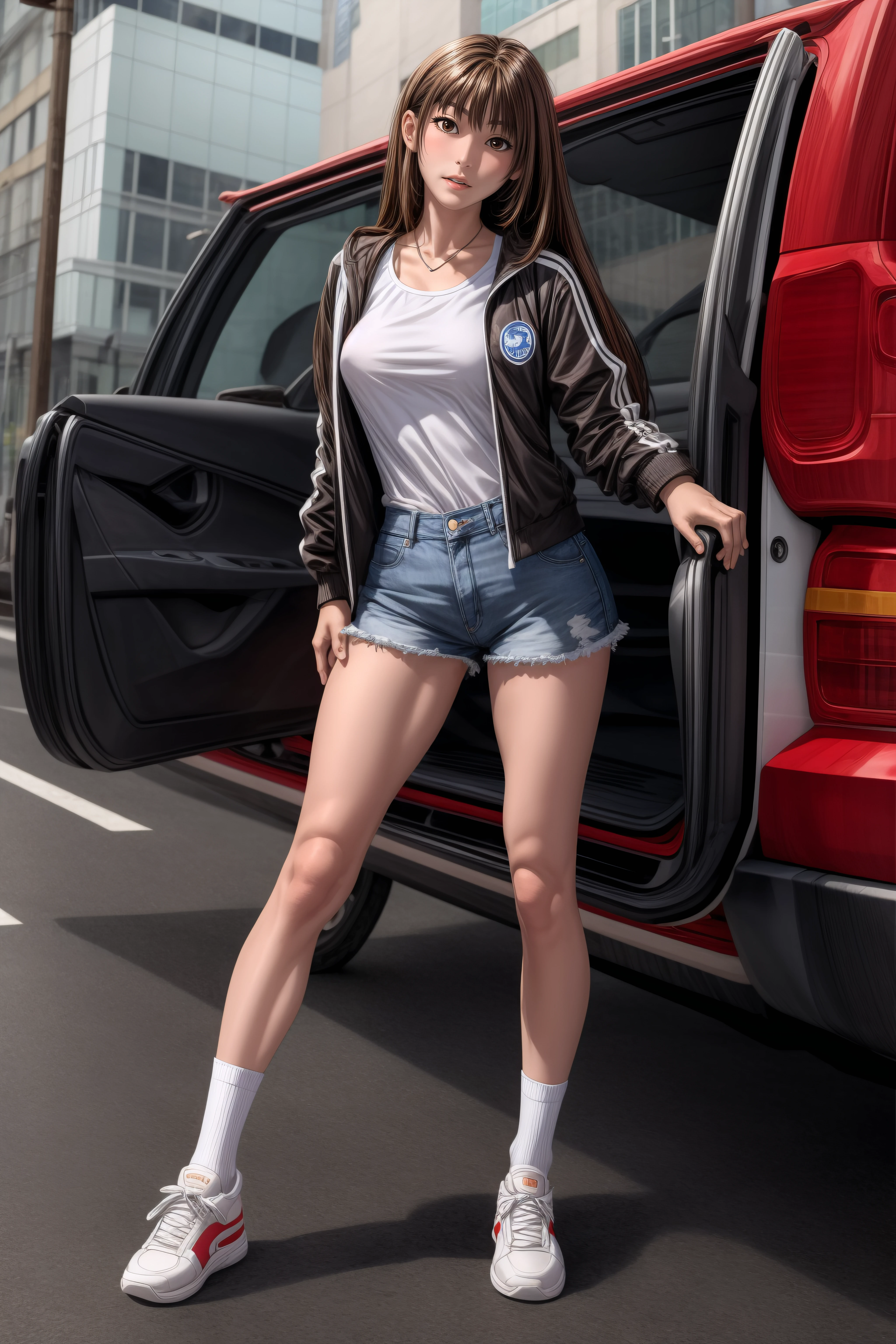 (masterpiece, best quality), <lora:Bomi Choi-lora-Faxtron:0.8> bomi choi, brown eyes, brown hair, long hair, medium breasts, black track jacket, white socks, denim short shorts, white sneakers, standing, 
<lora:add_detail:1>