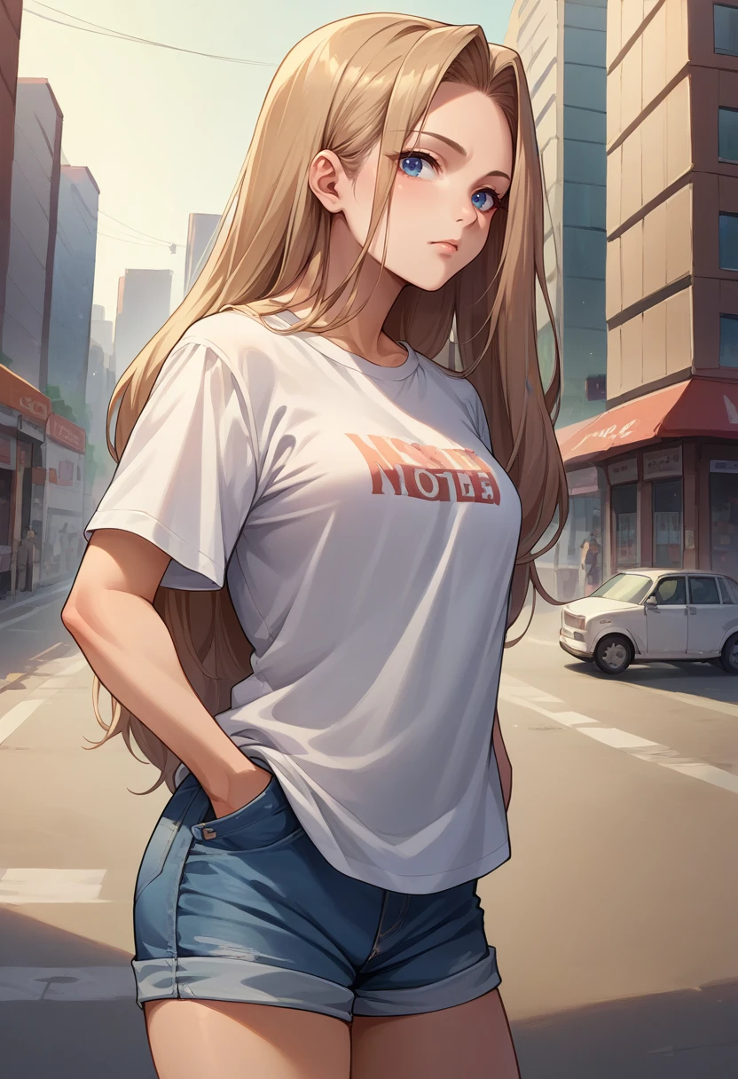 score_9, score_8_up, score_7_up, source_anime, 1girl, solo, Methode, light brown hair, blue eyes, long hair, t-shirt, denim shorts, standing, outdoors, city, hands in pockets, <lora:ChamMethodePonyXL:1>