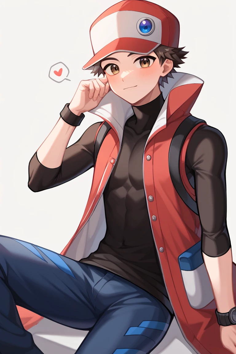 score_9, score_8_up, score_7_up, score_6_up, score_5_up, score_4_up, Red_masters, Red with white baseball cap, brown eyes, brown hair, red sleeveless coat, long sleeve black shirt, blue pants,amazing quality, best aesthetic, absurdres<lora:EMS-340778-EMS:1.000000>