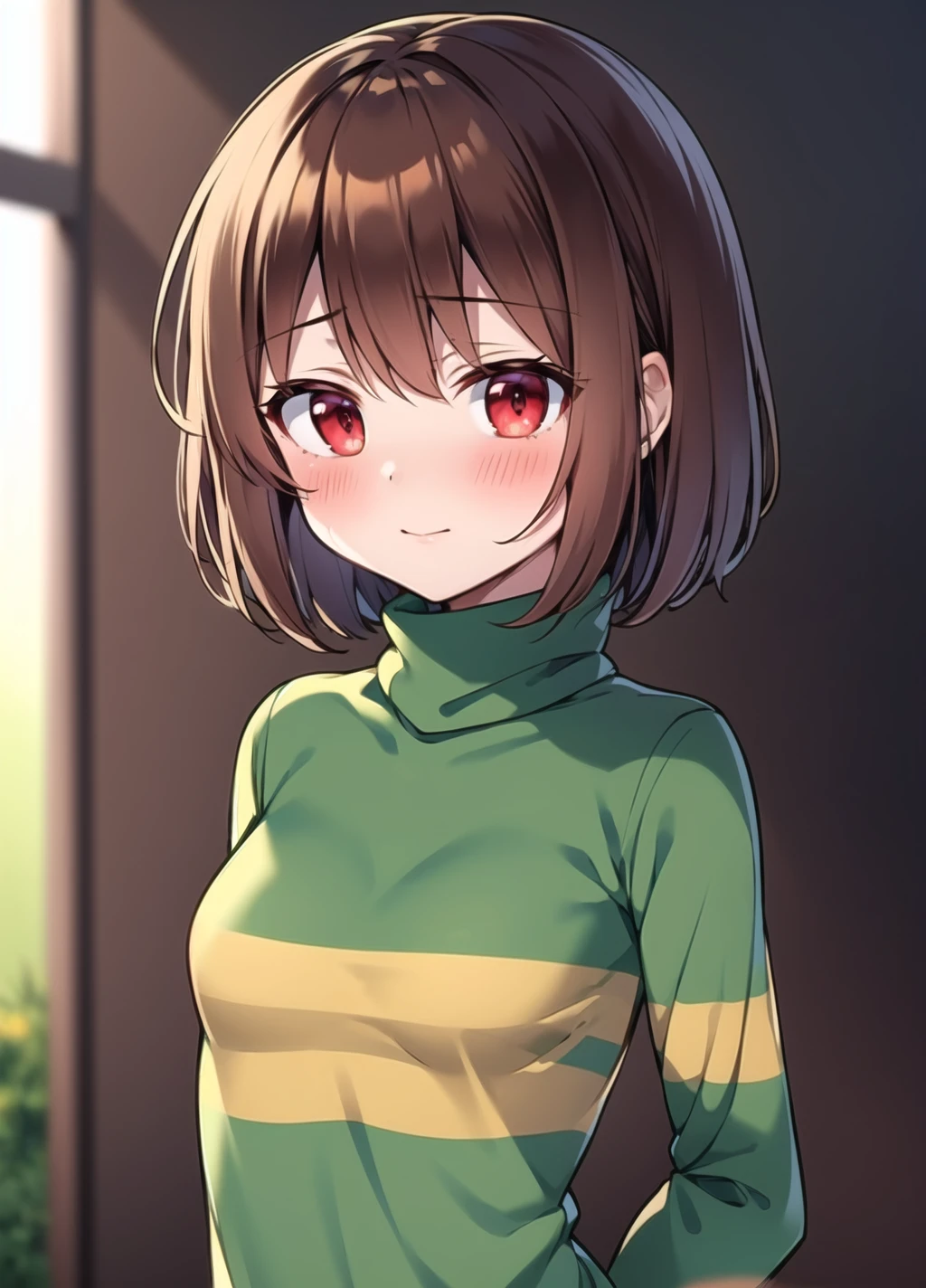 <lora:Chara anything45pruned22r60r-000006:0.7>, (Adult), standing, (((solo))), (face focus), chara, nsfw, ((canon)), upper body, nudity, standing, striped sweater, green sweater, turtleneck, ((sweater above breasts)), stomach, small breasts, (bare chest), brown hair, short hair, blush, red eyes, closed mouth, skindentation,