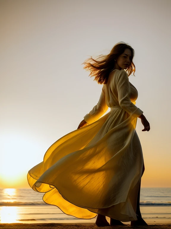 b4ckl1t, (from front, facing viewer:1.3),  looking away, (smile:0.4), (half length:1.3), back lighting, a slender woman with massive breasts standing on a beach wearing a oversize dress with overhanging long sleeve top and a flowing skirt with a pattern, dress, short hair, a poster, ghosting lens flare, motion, dynamic action, dynamic angle, low sun hidden directly behind woman, golden hour
 <lora:Backlit Clothes SD15_epoch_10:1>