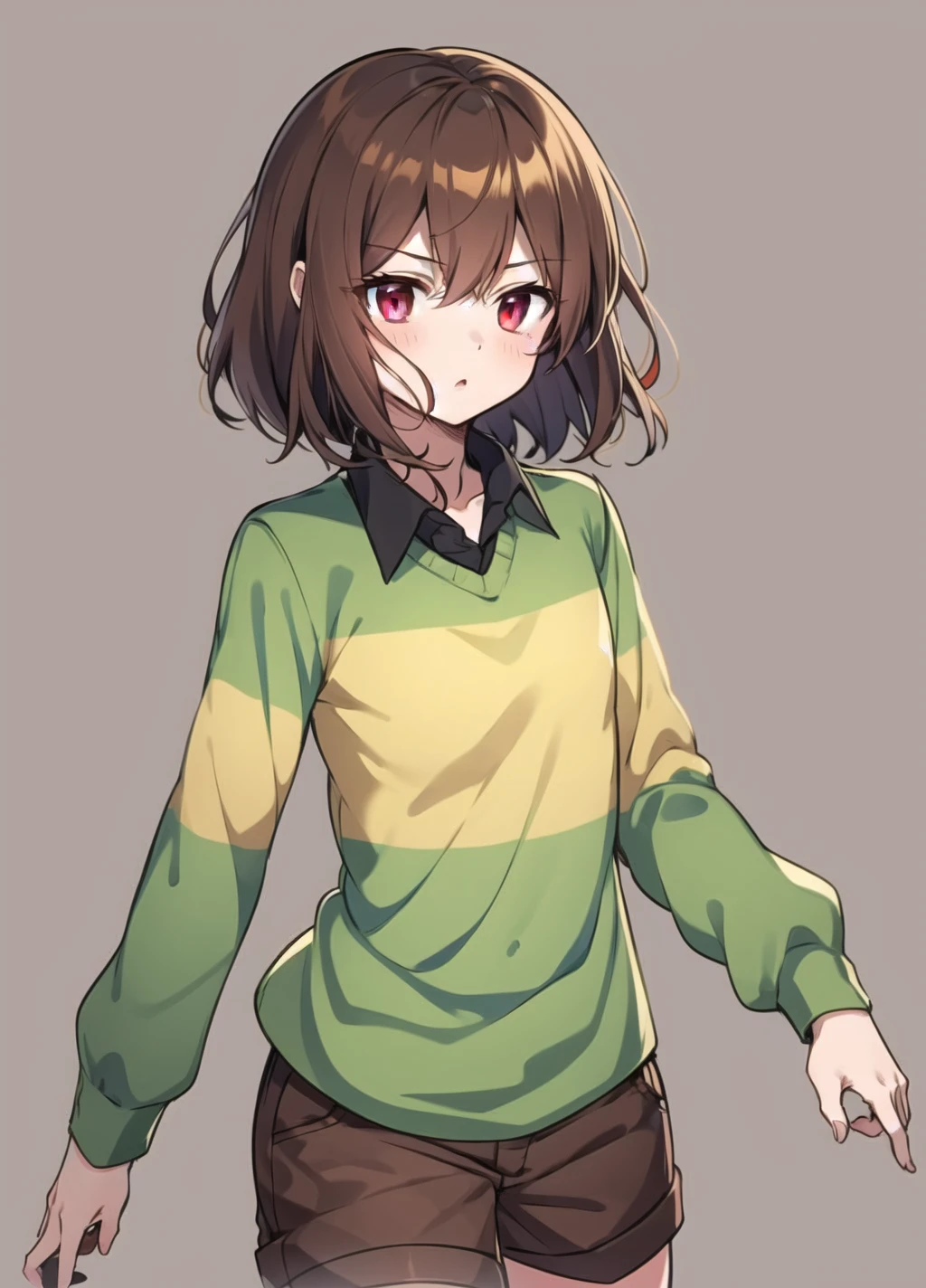 <lora:Chara anything45pruned22r60r-000006:0.7>, chara, 1girl, shorts, shirt, brown hair, solo, striped, collared shirt, simple background, brown shorts, long sleeves, cowboy shot, green shirt, striped shirt, red eyes