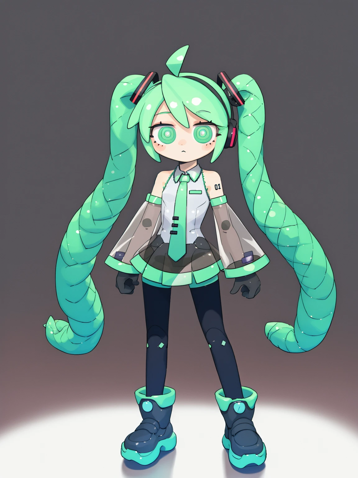 simple_background, solo, white_background, 1girl, looking_at_viewer, full_body, standing, closed_mouth, long_hair, shirt, gloves, skirt, android, ahoge, blonde_hair, bright_pupils, necktie, boots, robot_joints, joints, very_long_hair, twintails, hatsune_miku, detached_sleeves, pleated_skirt, white_pupils, headphones, yellow_eyes, black_skirt, green_eyes, black_gloves, green_hair, mechanization, see-through, black_sleeves, see-through_sleeves, hair_ornament, alternate_color, arms_at_sides, expressionless, see-through_skirt, alternate_hair_color, yellow_necktie, <lora:lvzi:1>
