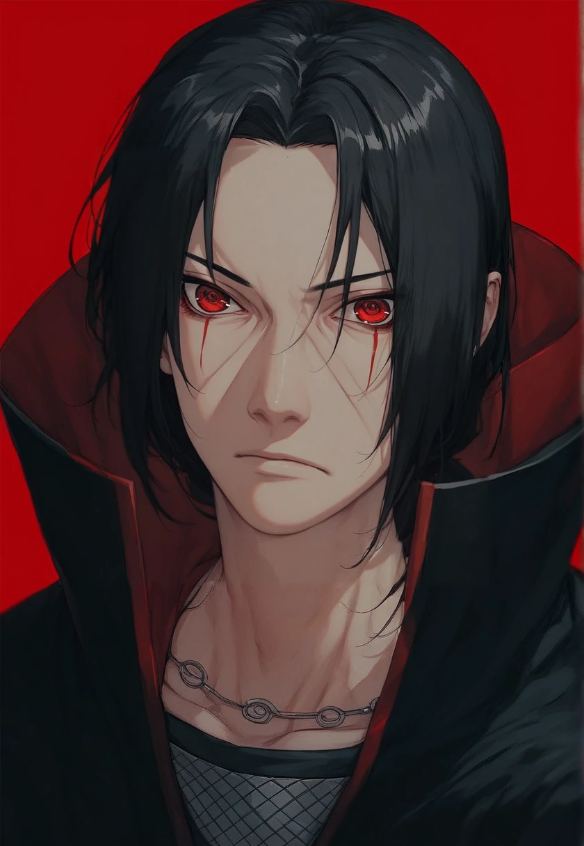 score_9_up, score_8_up, score_7_up, score_6_up, <lora:Itachi_Uchiha_naruto_pony:1> uchiwa5, black hair, red eyes, sharingan, akatsuki uniform, red background