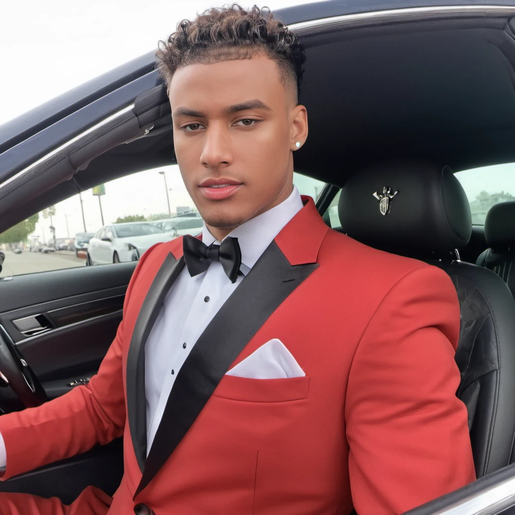 Hyperrealistic art photo of a man, wearing a red tuxedo, in a car, looking at viewer, j0rd4n, <lora:jord51:.9> . Extremely high-resolution details, photographic, realism pushed to extreme, fine texture, incredibly lifelike