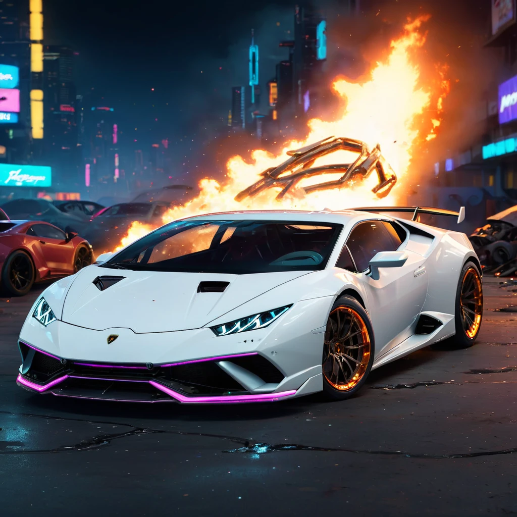 HuracánCar,sports car,white car,masterpiece, <lora:Huracán_XL:0.6>,
front isometric view,neon lights tires,((fire from body)),cyberpunk background, smooth outer texture ,bokeh,cinematic shot,big tires,destroyed cars in background