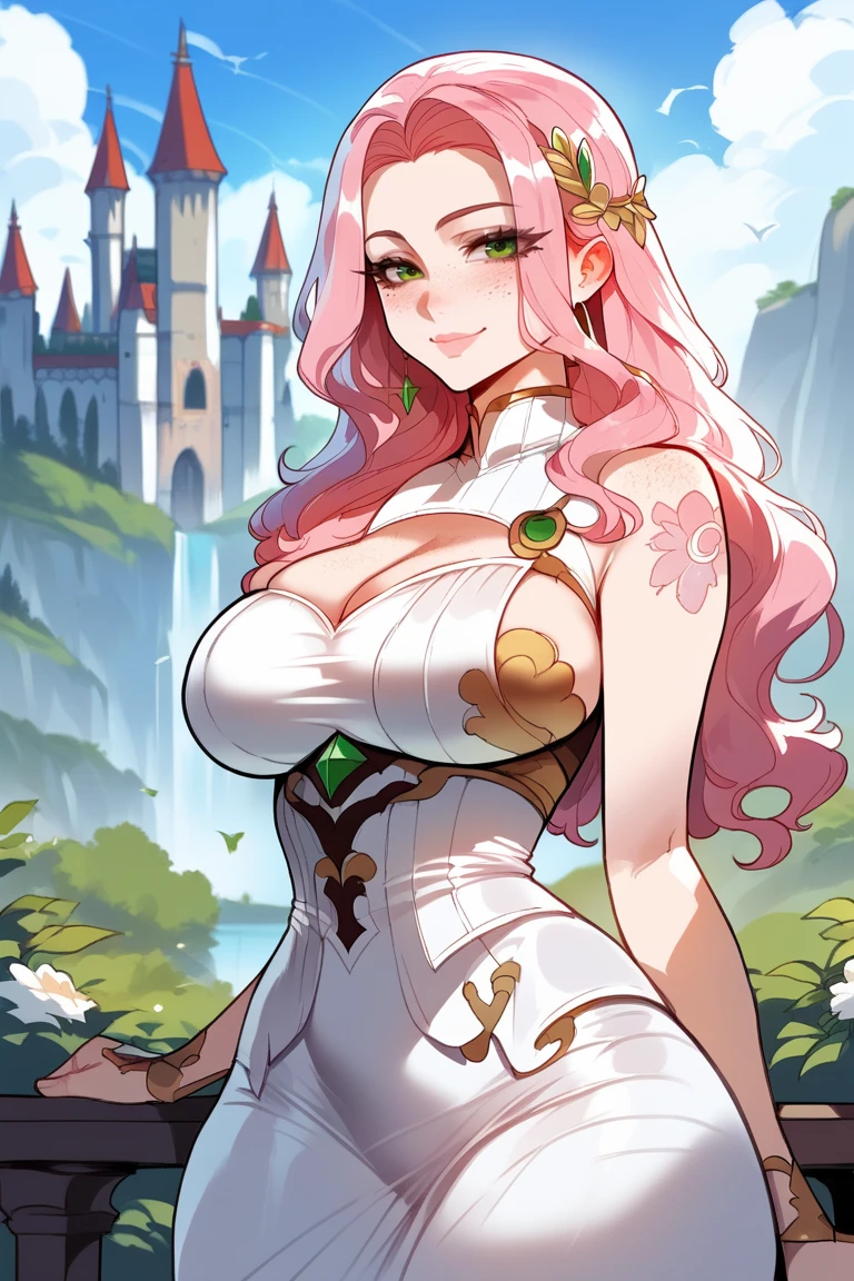 score_9, score_8_up, score_7_up, score_6_up, score_5_up, score_4_up, scenery, 1girl, dress, asian, pink hair, green eyes, freckles, mole, smile, lips, curvy, large breasts, fully clothed, intricate outfit, tattoo, solo, outdoors, blue sky, castle, princess, fantasy<lora:EMS-344951-EMS:1.000000>