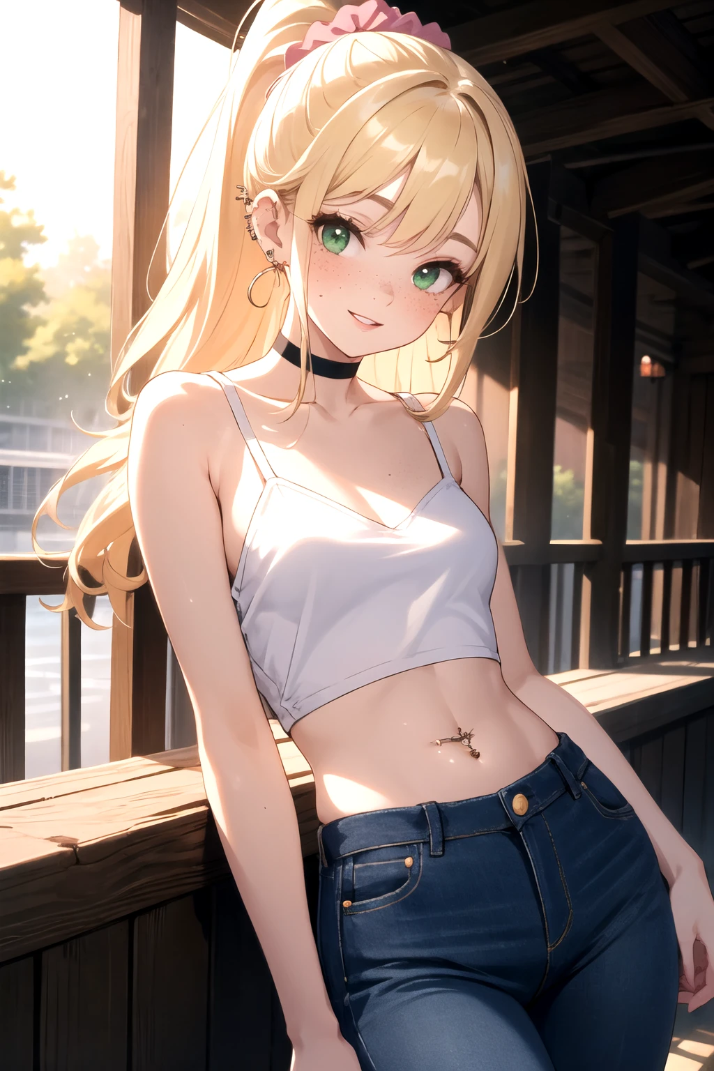 Masterpiece, best quality, Perfect lighting, Lighting on the face, Blonde Hair, choker, Green Eyes, Long Hair, White tank top, Denim shorts, Japanese ,blush, Have, break looking at viewer, break outdoors, Sexy pose, Dog Pose,