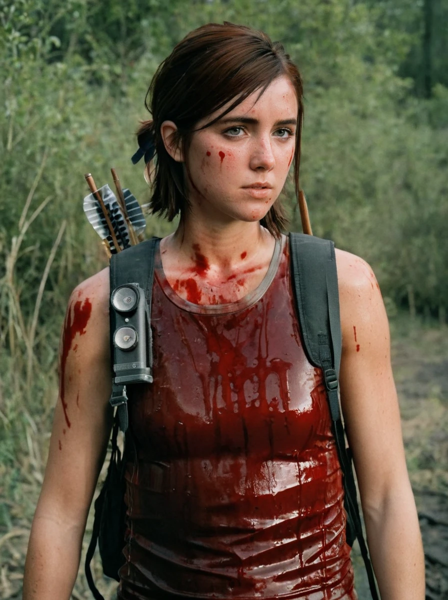 ellie williams,  <lora:ellie:0.7>, vest, blood,  analog photo, cinematic, film grain