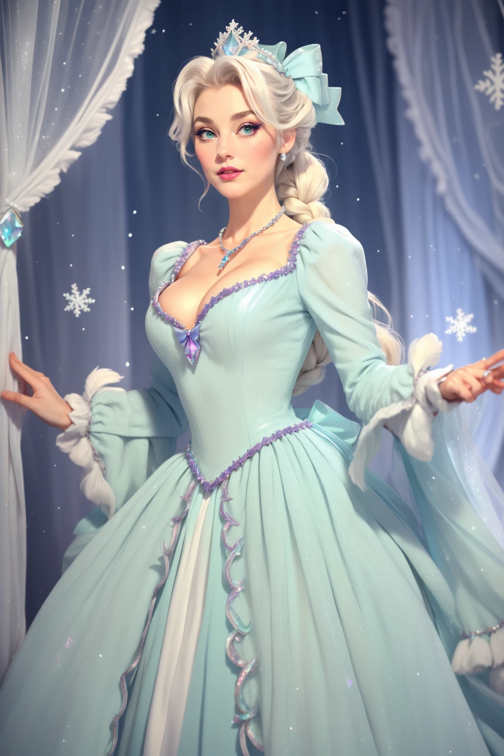 Fairy tale woman, adult, beautiful, solo, high quality, best quality, highres, high detail,<lora:Outfit_soph-ChanelPrincessGown:0.75> elsa \(frozen\), (blue:1.1 cotton dress), gossamer cloak, (frost magic), (snowflakes), platinum blonde braid,  ((rococo fashion, stapless, bows, ribbons, gem, jewels, iridescent finish)) dr3ss, ((dark green:1.3 lacey:1.1)), trim stitching,  Renaissance-Era Art Gallery with soft, ambient spotlights highlighting exquisite paintings and sculptures, setting the stage for a cultural and romantic rendezvous. necklace, jewelry  eyeliner, eyeshadow, makeup, purple lips full body, tall headpiece, large breasts, cleavage . Magical, fantastical, enchanting, storybook style, highly detailed