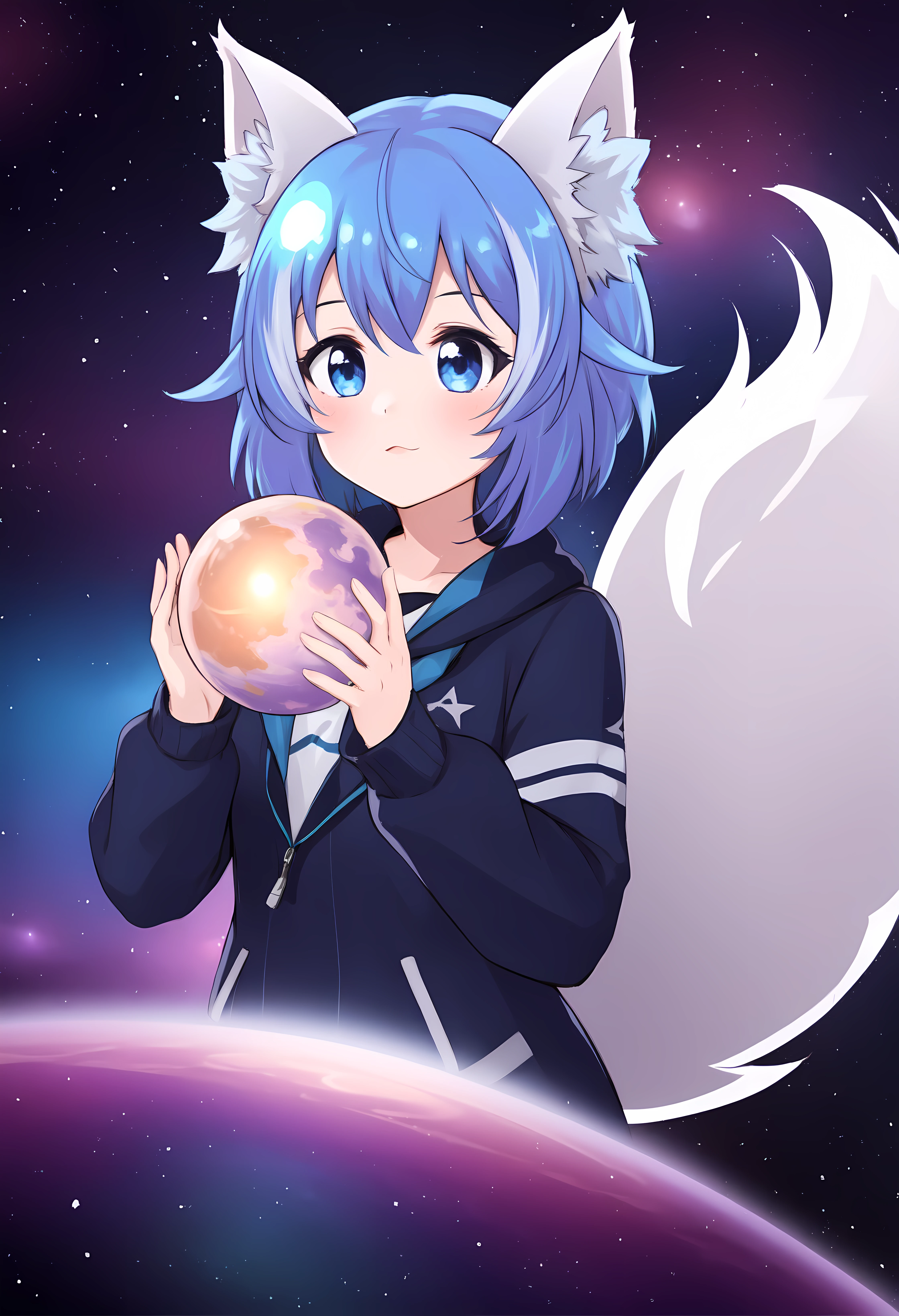 space, floating in space, constelation, stars, nebula, planets, masterpiece, best quality, high quality, highres, ultra-detailed, <lora:Wolfychu:0.7>, Wolfychu, blue hair, blue eyes, cat ears, short hair, white skin