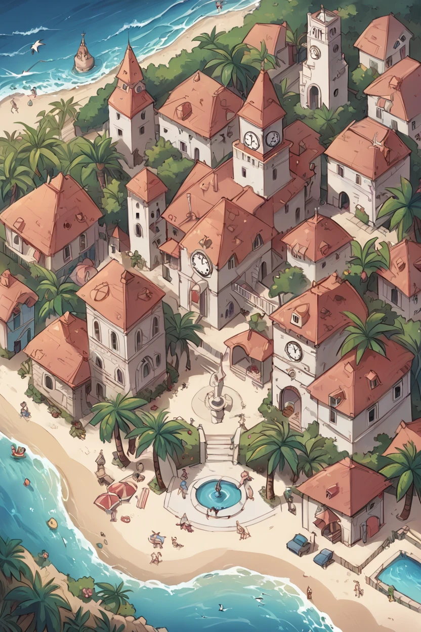 4k resolution, intricately detailed, trending on artstation, ((best quality)), ((highly detailed)), masterpiece, an aerial shot of zzDelfinoPlaza, birds eye view, palm tree, clock tower, fountain, small houses, ocean, beach, realistically detailed ,<lora:Delfino_Plaza_SDXL_v2:1.0>,