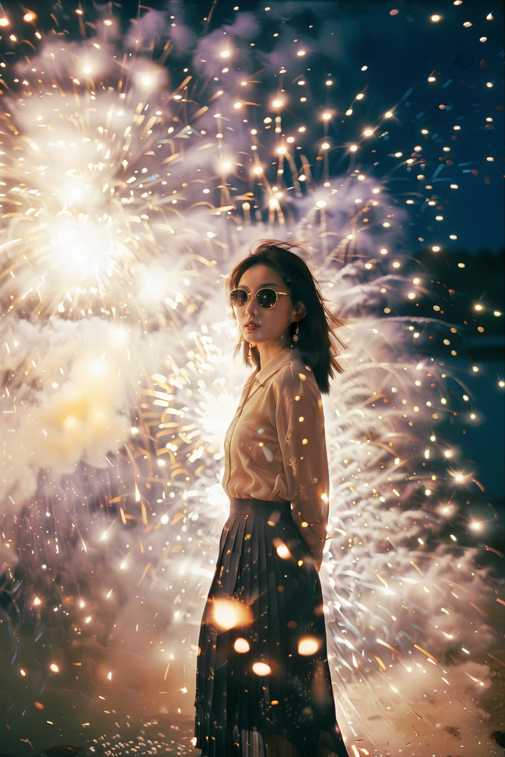 an asian girl,film grain texture,analog photography aesthetic,fire,fireworks,night,<lora:disillusion Â· fireworks_SDXL:1>,sunglasses,dynamic angle,(Silk_blouse:1.5),(Pleated_midi_skirt:1.4),(Pearl_earrings:1.3),