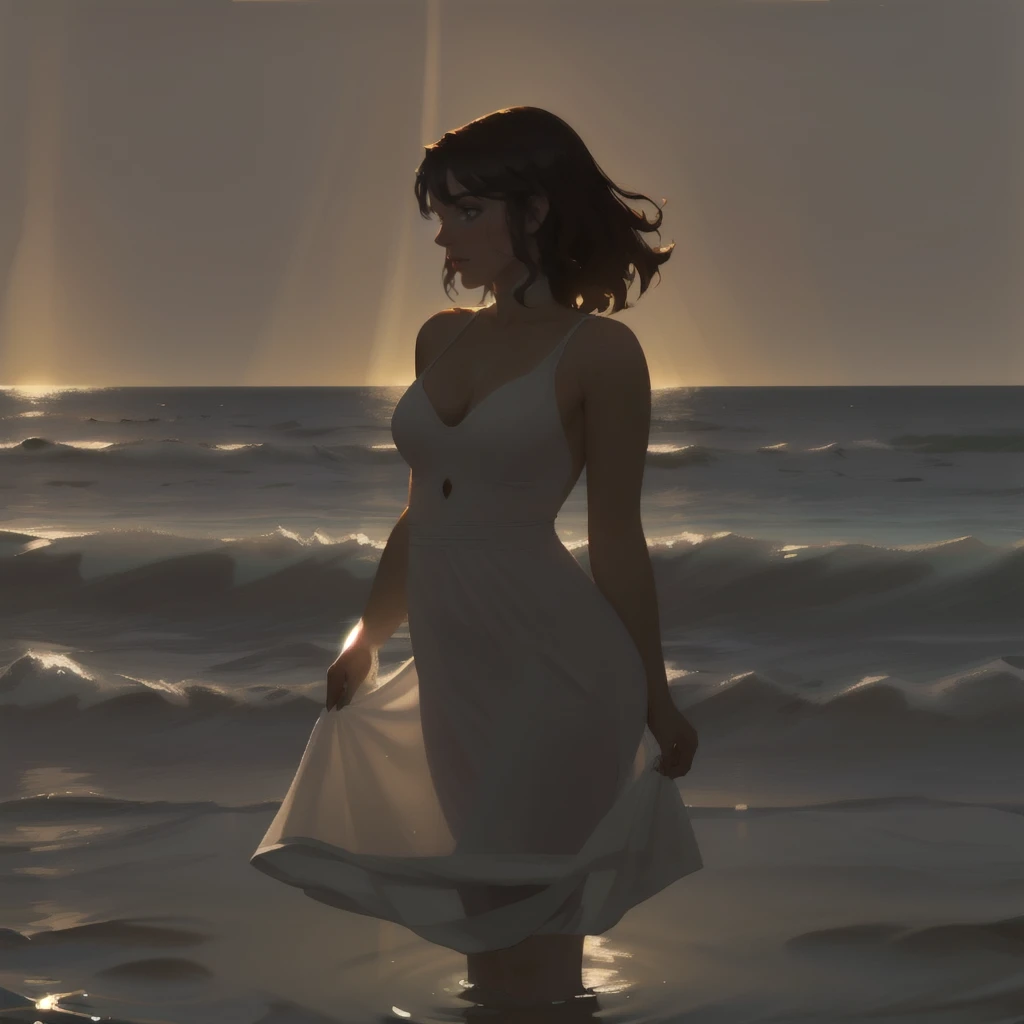 b4ckl1t, (half length, medium shot),a shapely gorgeous woman in a white dress is standing in the water, Daphne Fedarb, ocean, an impressionist painting, arabesque,  intense backlighting, key lighting, hot body and legs contour revealed by sunlight showing through fabric, backlight, rim lighting
 <lora:Backlit Clothes SD15_epoch_10:1>