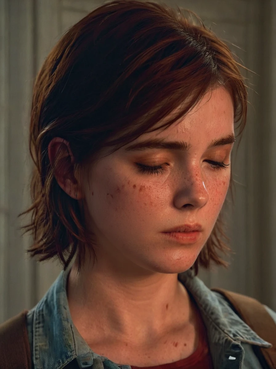 <lora:ellie (1):0.7>,,80's cinematic horror movie still, ellie williams, solo, 1girl, freckles, closed eyes, brown hair, realistic, short hair, closed mouth, shirt, collarbone, blood, vest, jacket