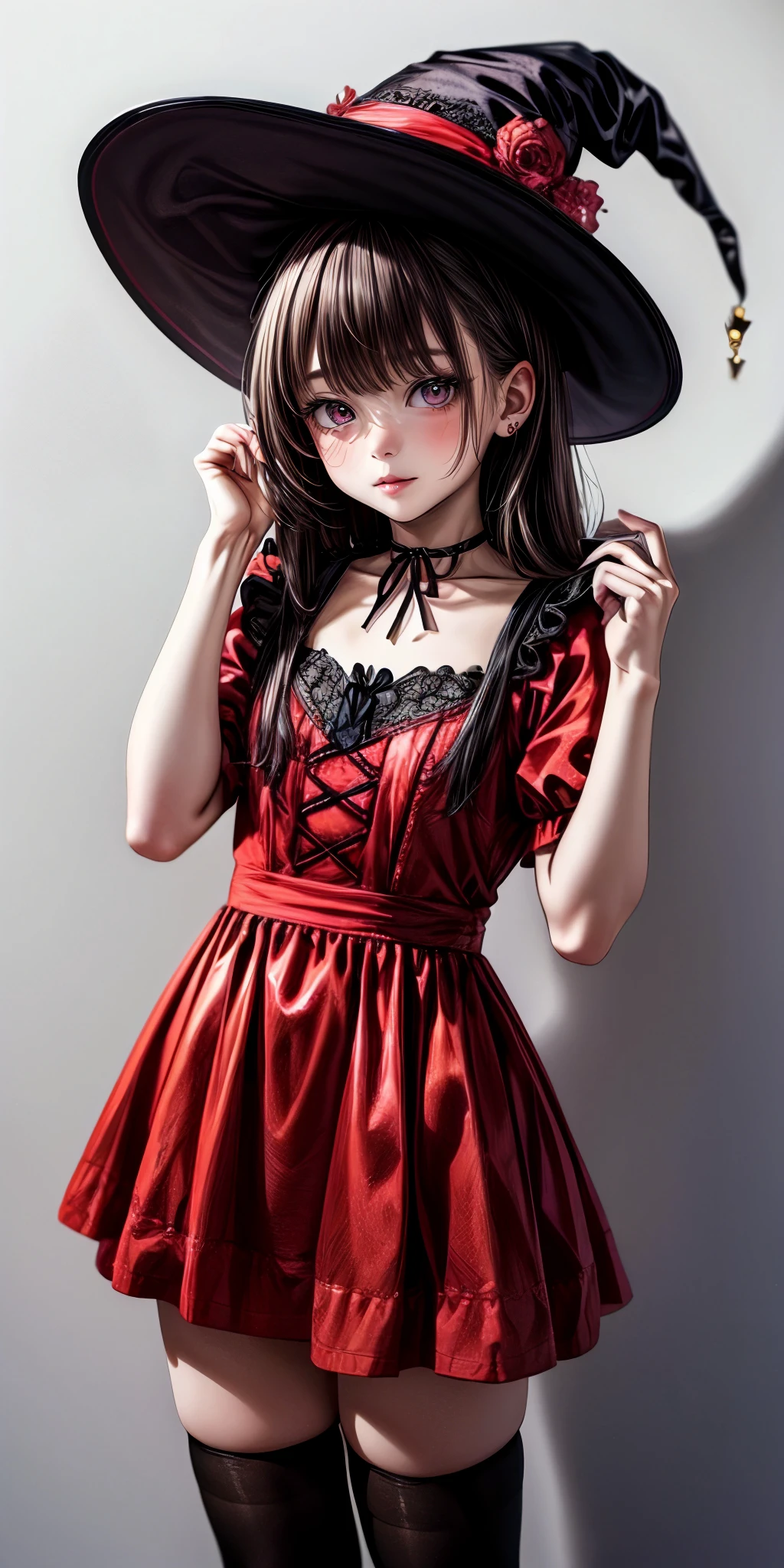 (masterpiece,ultra-detailed,best quality,8K,illustration:1.0),(ite girl:1.0) <lora:more_details:1>,cute face,simple background
<lora:witch v1.0:0.5> jyojifuku, witch, hat, dress, halloween,thighhighs,red clothes,