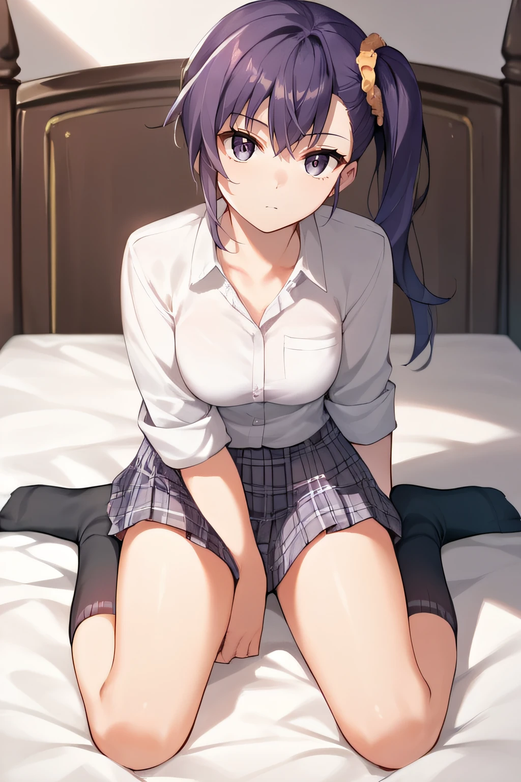 score_9, score_8_up, score_7_up, score_6_up, score_5_up, score_4_up, BREAK source_anime, masterpiece, best quality, ultra quality, <lora:PONY_Risa_chan:1>, risa, purple hair, purple eyes, side ponytail, scrunchie, looking at viewer, medium breasts, expressionless, full body, school uniform, black socks, plaid skirt, kneeling, sleeves rolled up, seiza, white shirt, sitting on bed, feet