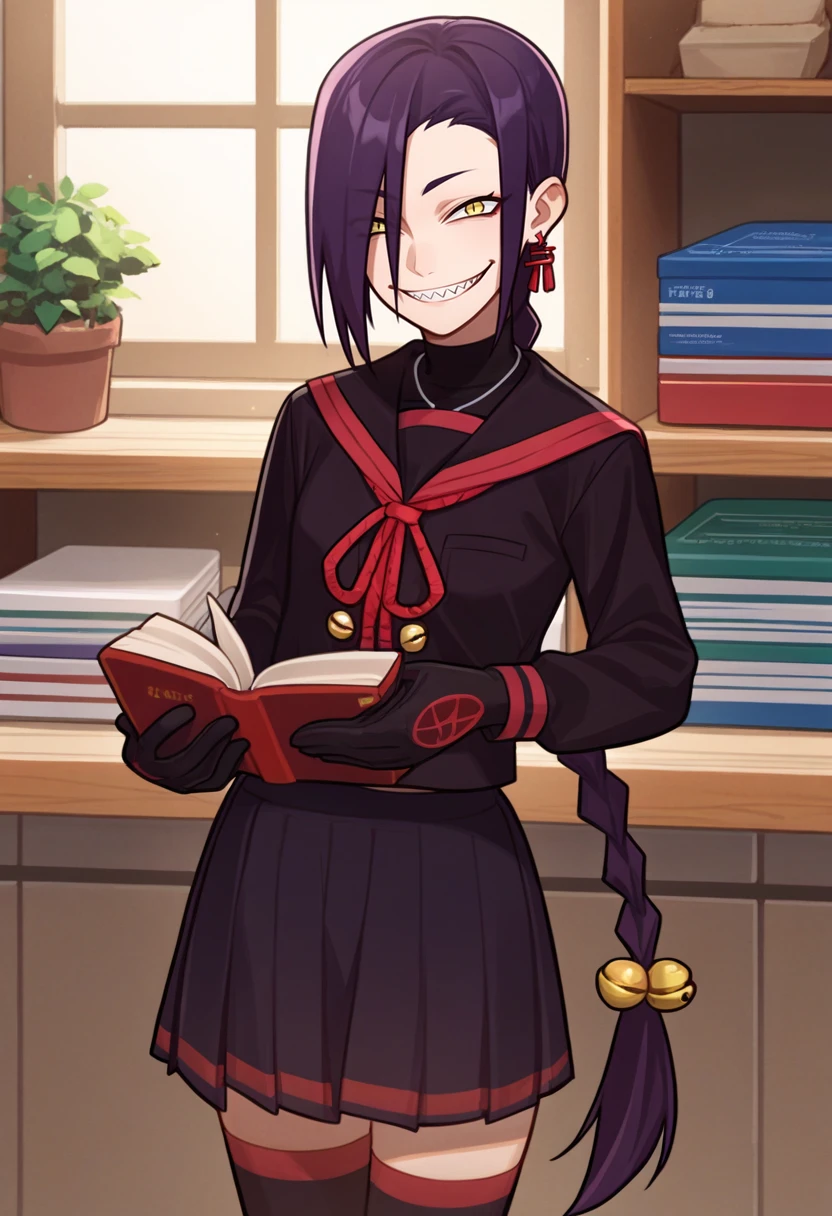 score_9, score_8_up, score_7_up, source_anime, solo, 1girl, chikujoin magane, sharp teeth, smirk, looking at viewer, holding book, single braid, hair bell, school uniform, black serafuku, black shirt, long sleeves, black gloves, black skirt, black thighhighs, earrings, necklace, indoors, shop <lora:recreators_chikujoin_ponyXL:1>