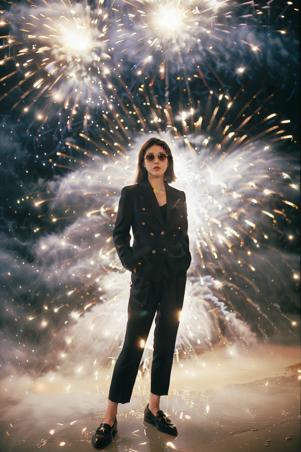 an asian girl,film grain texture,analog photography aesthetic,fire,fireworks,night,<lora:disillusion Â· fireworks_SDXL:1>,sunglasses,dynamic angle,(Tailored_blazer:1.4),(Pleated_trousers:1.3),(Pointed-toe_loafers:1.2),