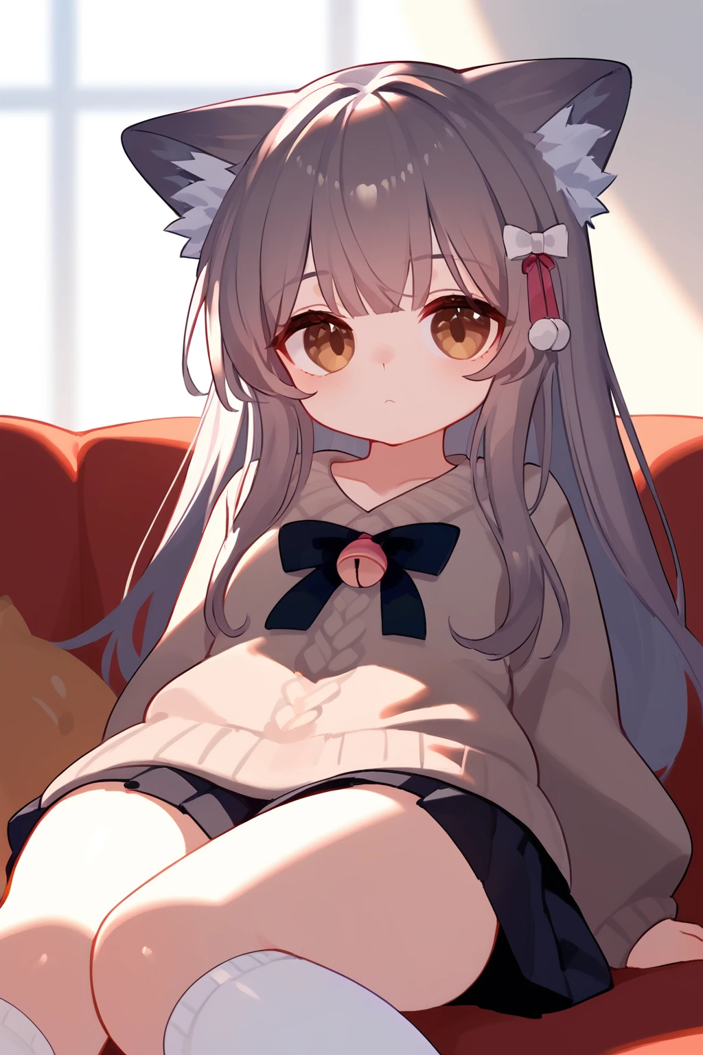 (score_9,score_8_up,score_7_up), shiny skin, 1girl, <lora:Milk_PonyXL_v1:1>, cat ears, animal ear fluff, long hair, light purple hair, grey hair, brown hair, brown eyes, cat tail, fluffy sweater, pleated skirt, knee-high socks,