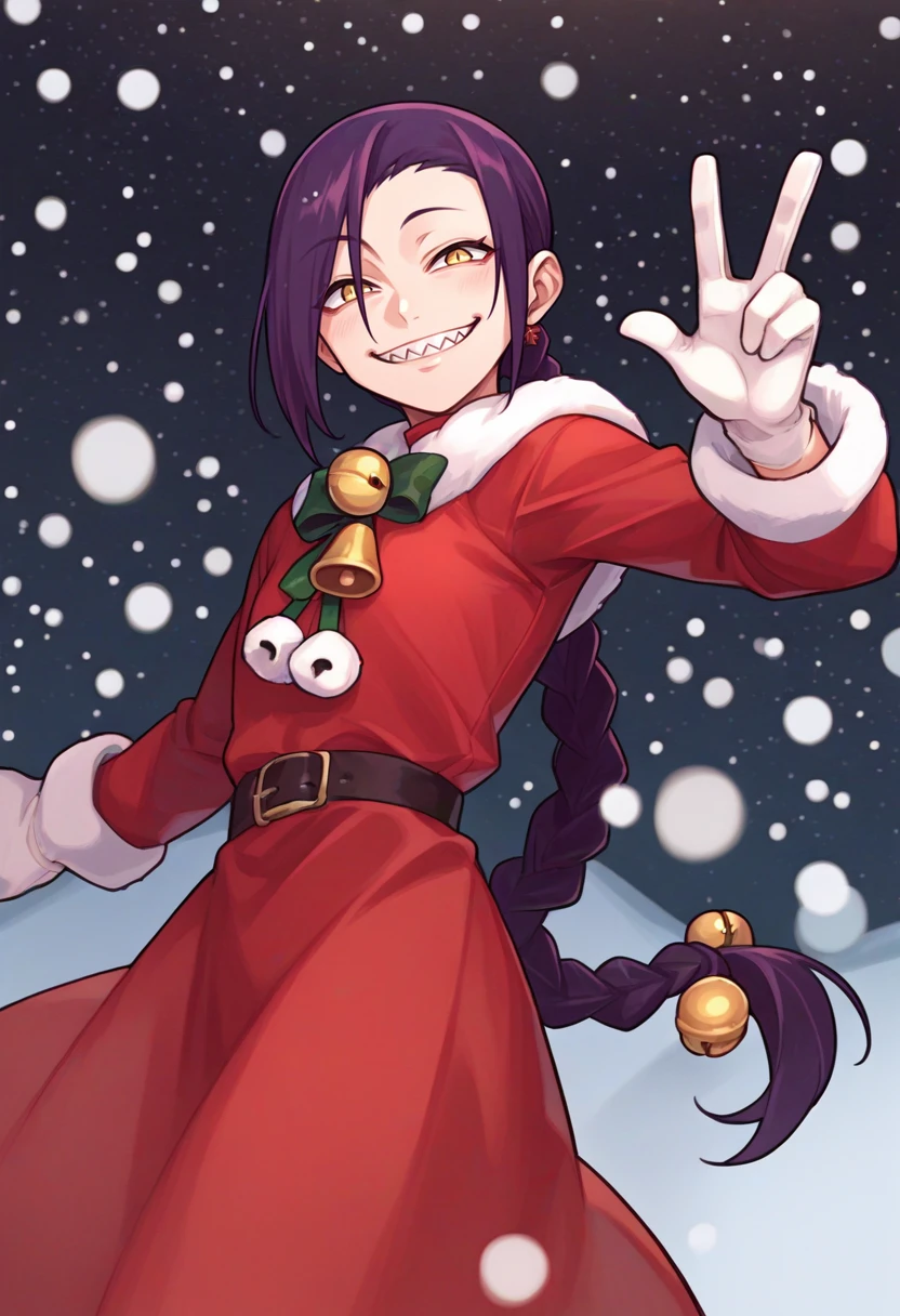 score_9, score_8_up, score_7_up, source_anime, solo, 1girl, chikujoin magane, sharp teeth, smile, looking at viewer, v, single braid, hair bell, christmas, red dress, fur-trimmed dress, long sleeves, white gloves, snowing, outdoors <lora:recreators_chikujoin_ponyXL:1>