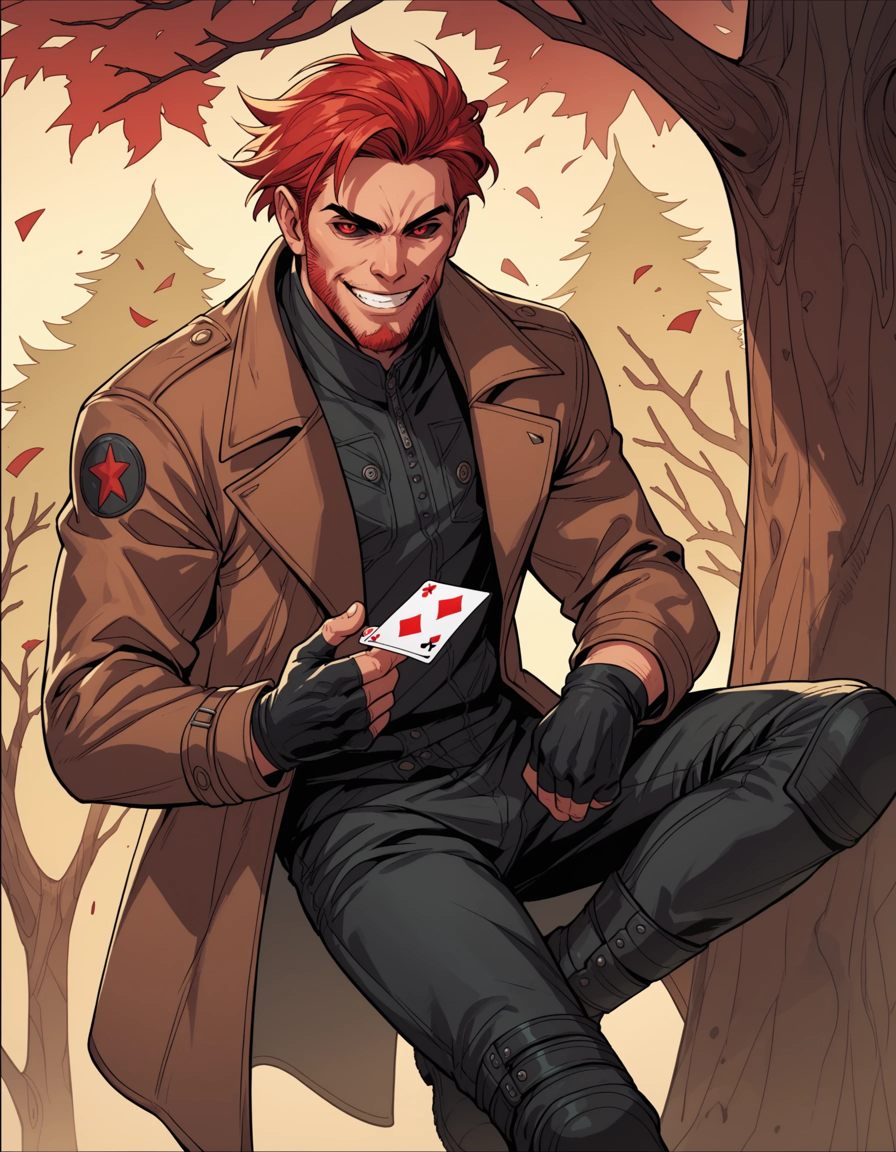 Larocca Art Style, 1boy, black gloves, boots, brown coat, colored sclera, black sclera, red eyes, red hair, card, coat, facial hair, fingerless gloves, gloves, jacket, looking at viewer, male focus, pants, parody, playing card, smile, solo, teeth, tree, PonyXLV6_Scores , PnyCmicXLPOS, <lora:SalvadorLaroccaPDXL:0.8>