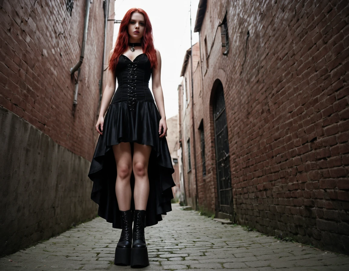 cinematic still a wide angle of a full body portrait of a red-haired goth 1girl woman wearing a black dress and extreme platform boots on a dark gothic alleyway, her boot is raised up on a step . emotional, harmonious, vignette, 4k epic detailed, shot on kodak, 35mm photo, sharp focus, high budget, cinemascope, moody, epic, gorgeous, film grain, grainy, a wide angle of a full body portrait of a red-haired goth 1girl woman wearing a black dress and extreme platform boots on a dark gothic alleyway, her boot is raised up on a step, intricate, extremely detailed, cinematic light, dynamic composition, dramatic atmosphere, ambient aesthetic, stunning, highly refined, rich deep color, beautiful grand complex artistic