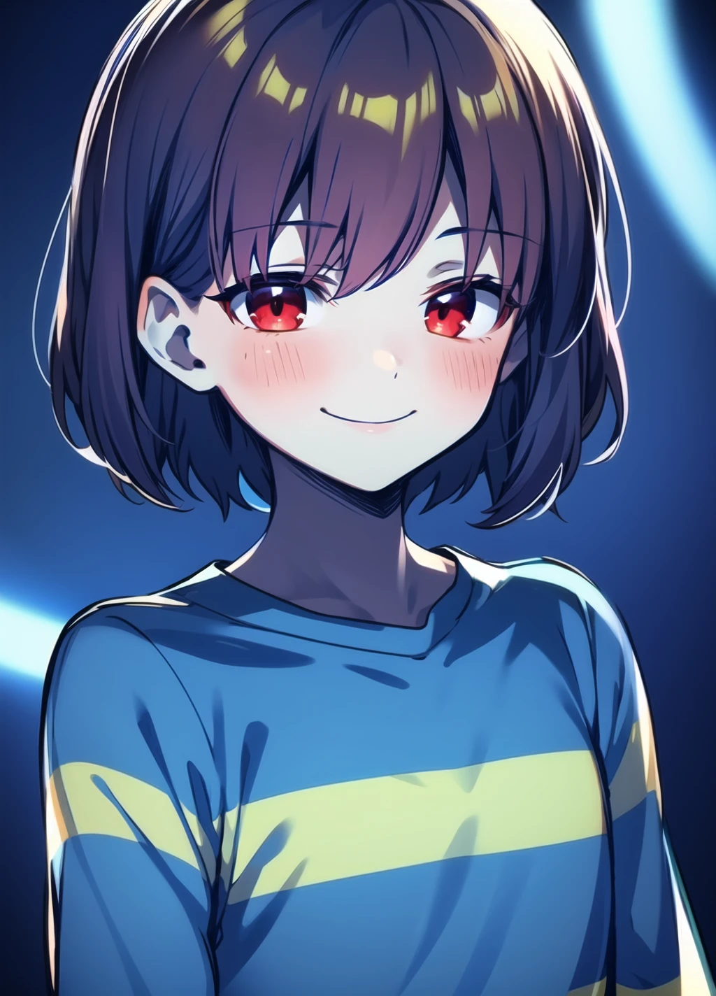 <lora:Chara anything45pruned22r60r-000006:0.7>, chara, 1girl, smile, solo, red eyes, brown hair, looking at viewer, blush, glowing, shirt, striped, short hair, frisk (undertale), blue theme, striped shirt, upper body, unusually open eyes