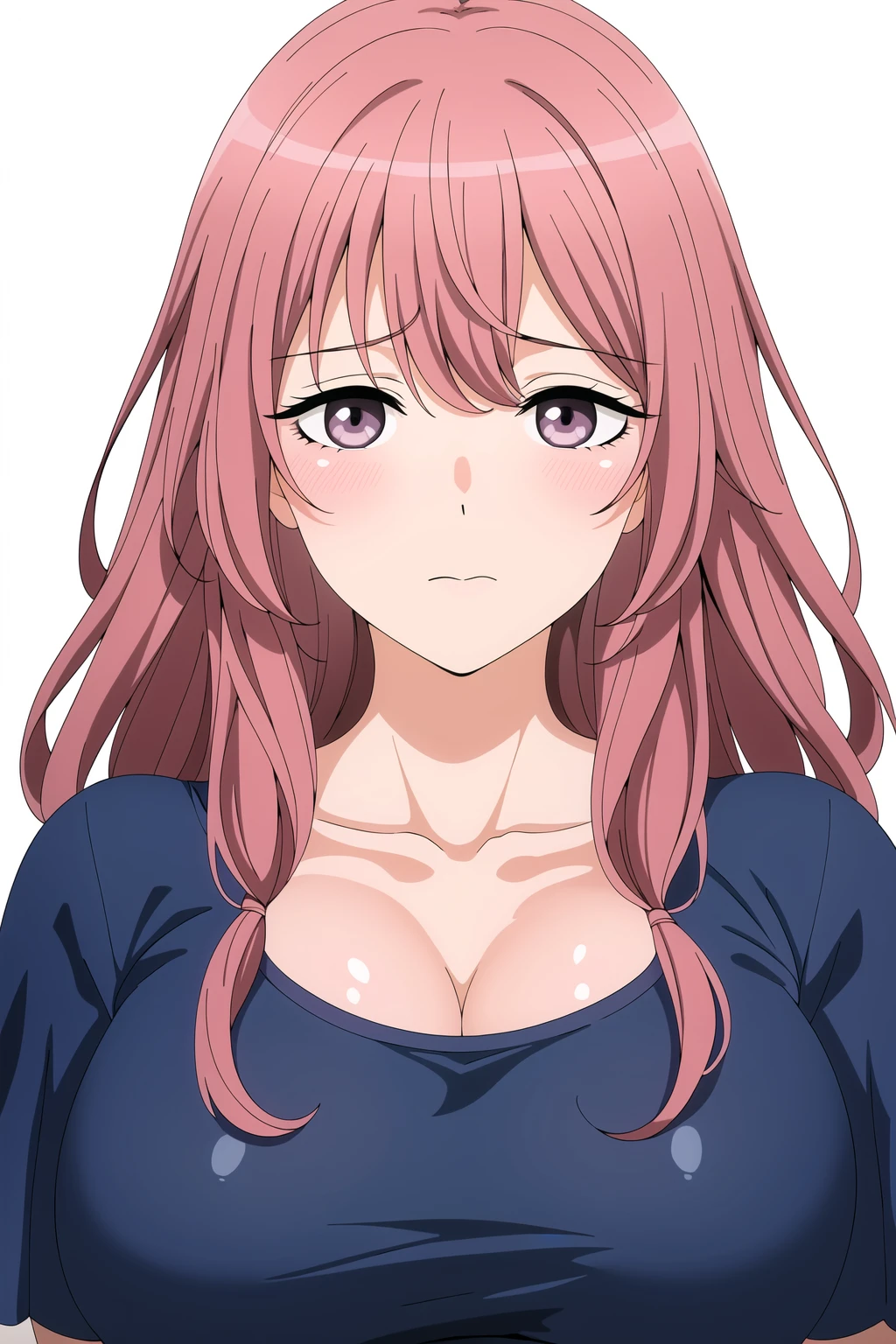 Simple White Background,
dynamic pose,standing at attention,
blue shirt,short sleeves, collarbone, cleavage, puffy sleeves, 
<lora:Shinju_Inui_MyDressUpDarling-KK77-V2:0.7>,
long_hair,pink_hair,bangs,Brown_Eyes,
<lora:Oda_Non_Style-KK77-V2:0.3>,<lora:more_details:0.1>,
1 girl, 20yo,Young female,Beautiful long legs,Beautiful body,
Beautiful Nose,Beautiful character design, perfect eyes, perfect face,expressive eyes,perfect balance,
looking at viewer,(Focus on her face),closed mouth, (innocent_big_eyes:1.0),(Light_Smile:0.3),
official art,extremely detailed CG unity 8k wallpaper, perfect lighting,Colorful, Bright_Front_face_Lighting,White skin,
(masterpiece:1.0),(best_quality:1.0), ultra high res,4K,ultra-detailed,
photography, 8K, HDR, highres, absurdres:1.2, Kodak portra 400, film grain, blurry background, bokeh:1.2, lens flare, (vibrant_color:1.2),professional photograph,
(Beautiful,large_Breasts:1.4), (beautiful_face:1.5),(narrow_waist),