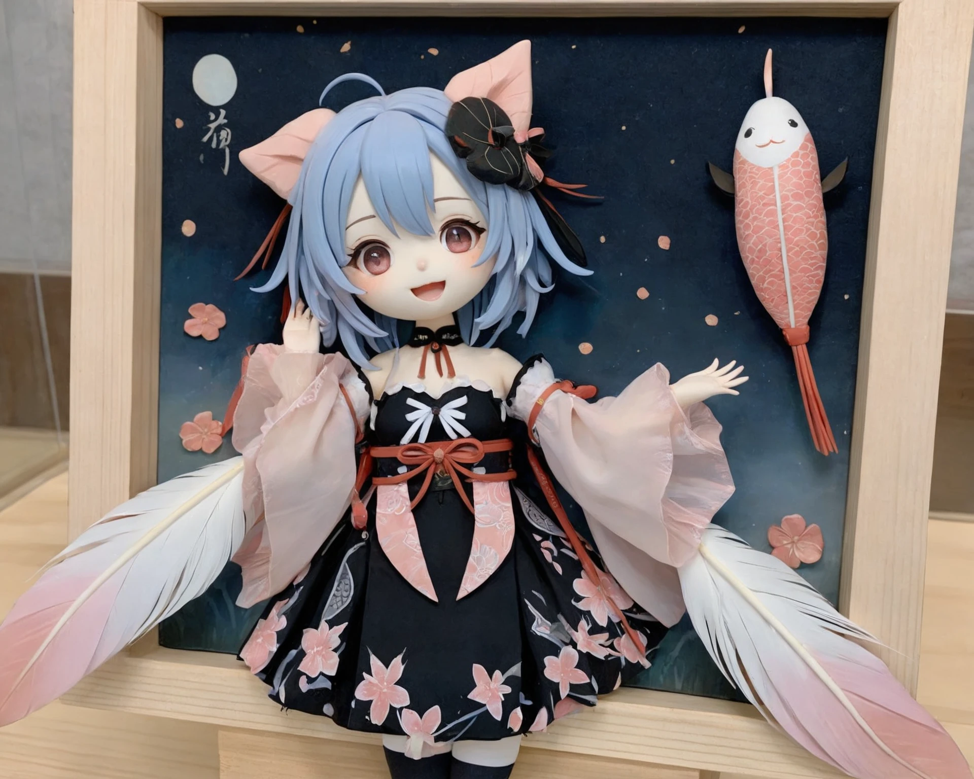 masterpiece,best quality,clay handmade frame,female,anime character,blue hair,wink,playful expression,sitting pose,black stockings,traditional japanese clothing,sheer fabric,oversized sleeves,feather motifs,pink koi fish toy,white head accessory,nighttime,feathers,smiling,indoor setting,pastel color palette,illustration,<lora:ClayHandmadeFrame:0.7>,