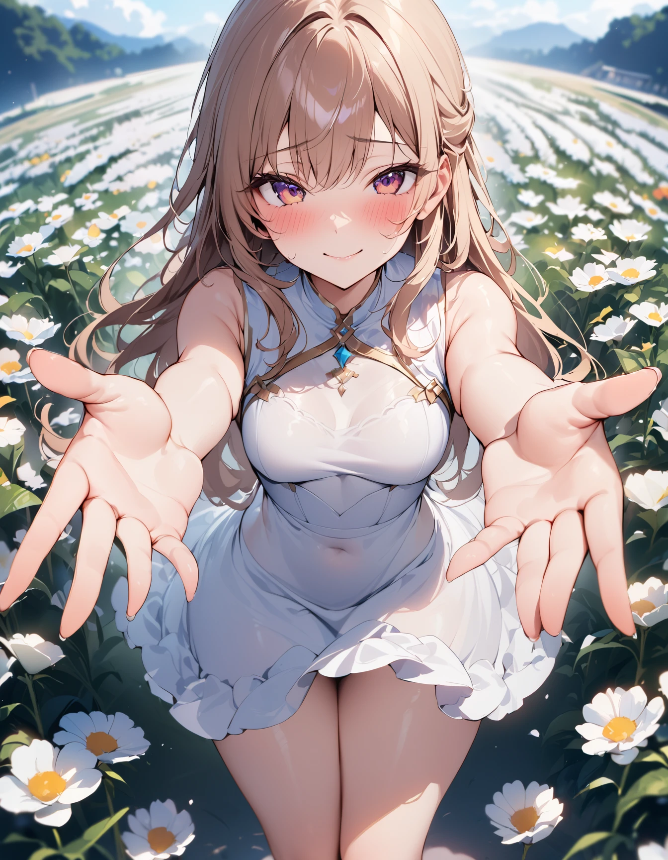 best quality, masterpiece, 8k, high_resolution, highres, amazing, sharp focus, finely detail, (distinct_image), 1girl, solo, long hair, (view from front), (medium shot:1.2), (pov:1.2), (shy smile), white dress, medium breasts, flower field, stands with outstretched hand, looking at viewer, blush, barefoot
<lora:hinaLovelyGirlLycorisXL_v10:0.7>