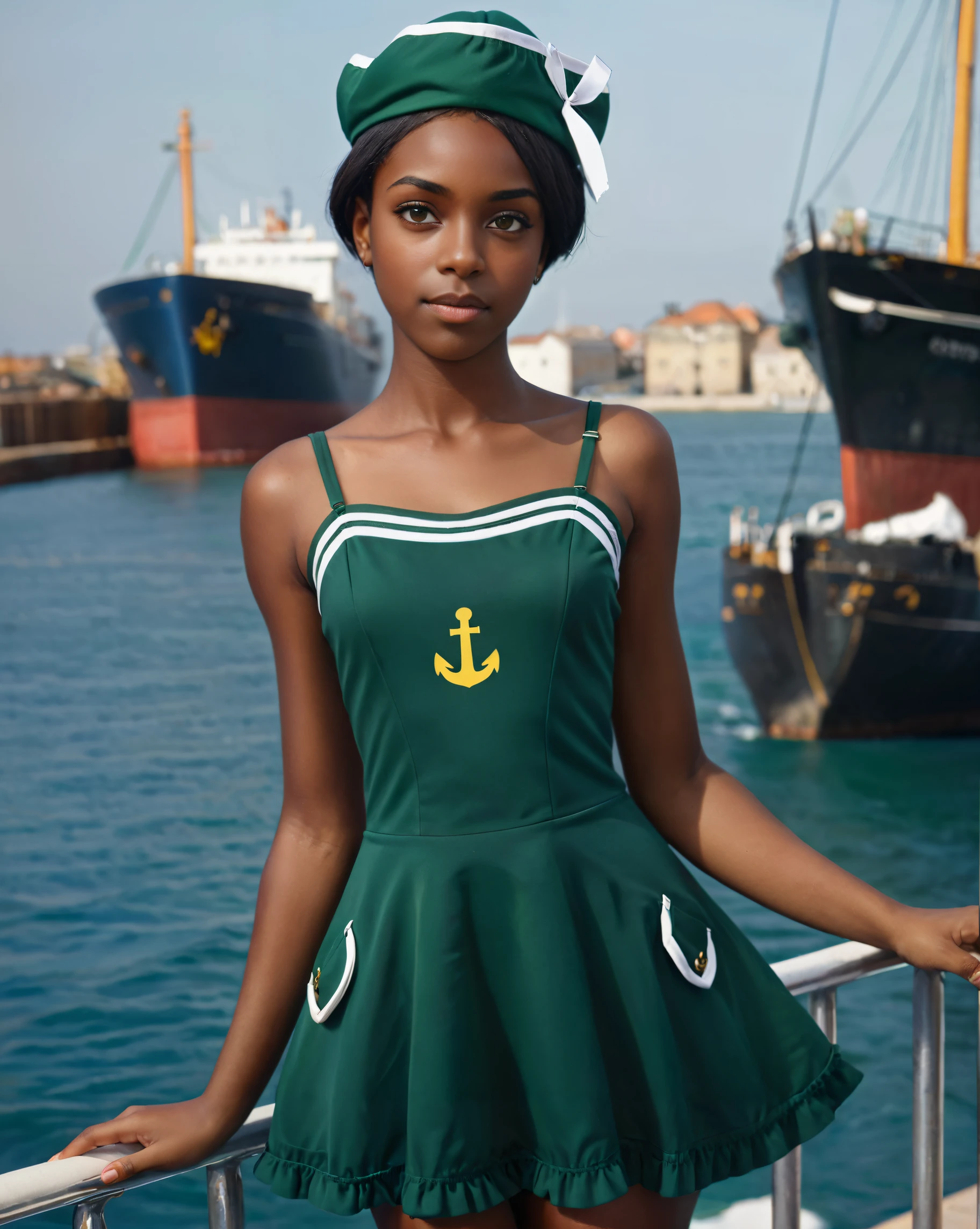 <lora:Navy_Sailor_Dress_SideCap_XL_v1-000020:0.8>, 1girl, (dark skin:1.2), (very dark skin:1.2), (black skin:1.2), black hair, green hat, short hair, looking at viewer, green sailor dress, realistic, solo, <lora:Perfect Hands:0.8>, Perfect Hands, <lora:HandFineTuning_XL:0.8>, outdoors, sea, sea port, ship
