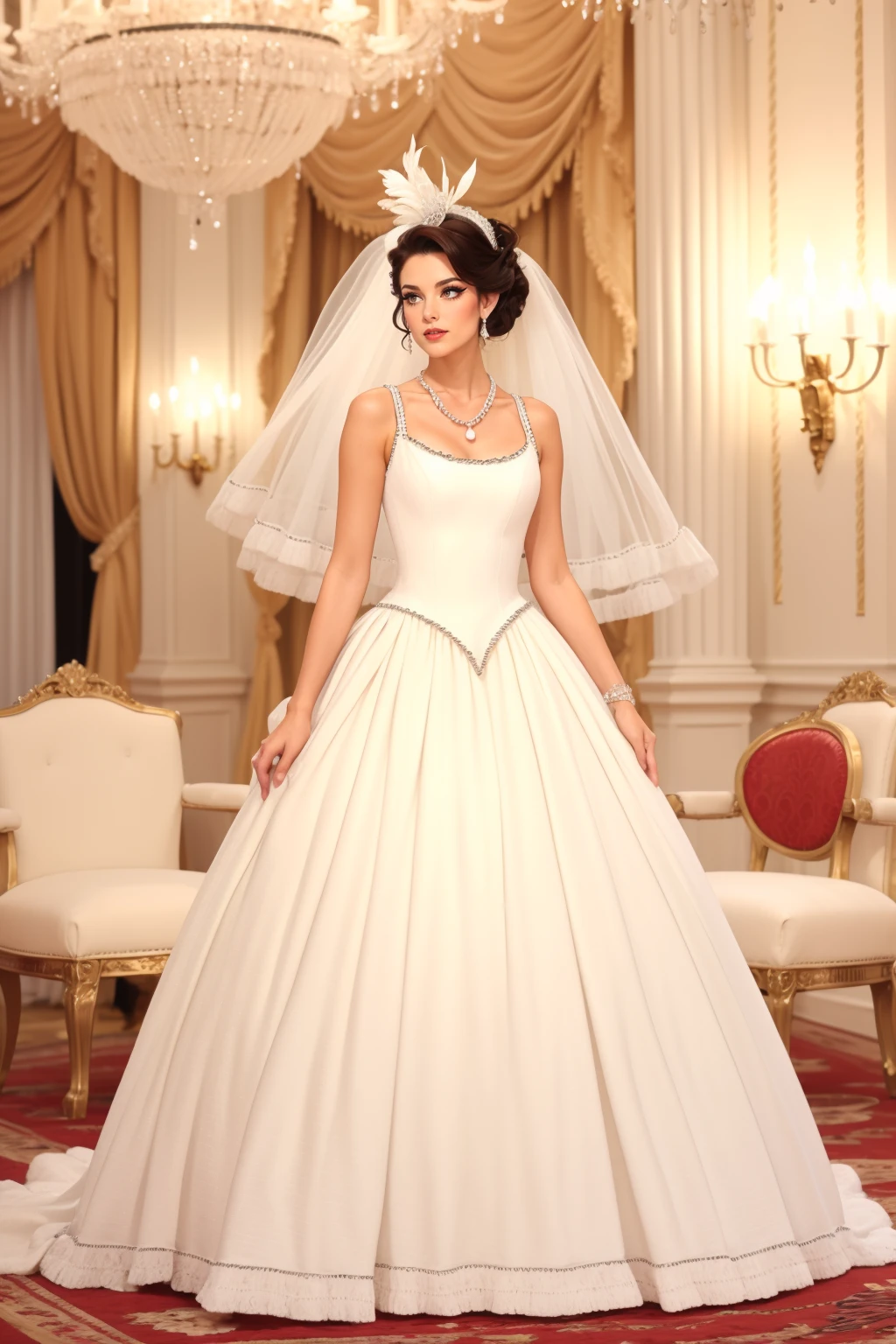 woman, adult, beautiful, solo, high quality, best quality, highres, high detail,<lora:Outfit_soph-ChanelPrincessGown:0.75> dr3ss, white wedding ballgown, trim stitching,  sleeveless Opulent Viennese Ballroom with soft chandeliers casting a warm glow over a room adorned with crystal and silk, evoking the grandeur of a bygone era. necklace, jewelry ((dark hair)) eyeliner, eyeshadow, makeup, iridescent lips full body, shrug \(clothing\), fascinator, veil, long dress