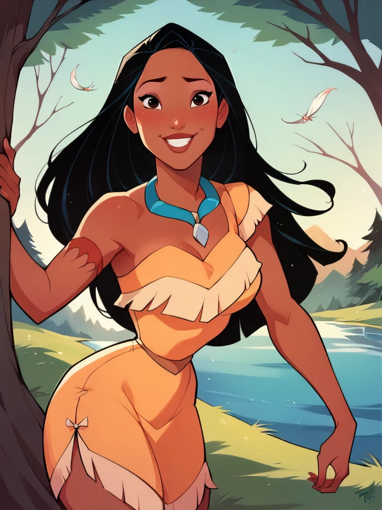 score_9, score_8_up, score_7_up, score_6_up, PocahontasXLP lay on tree, leaning forward, sexy pose, smile, nervous, dark skin, long hair, necklace, strapless, dress, feathers, medium breasts, narrow waist, wide hips, thick thighs, looking at viewer, cowboy shot, cartoon, dynamic pose, smile, cute, wide shot, solo, forest, lake, disney, dutch angle, muscular female, realistic,
<lora:PocahontasXLP_character:1>