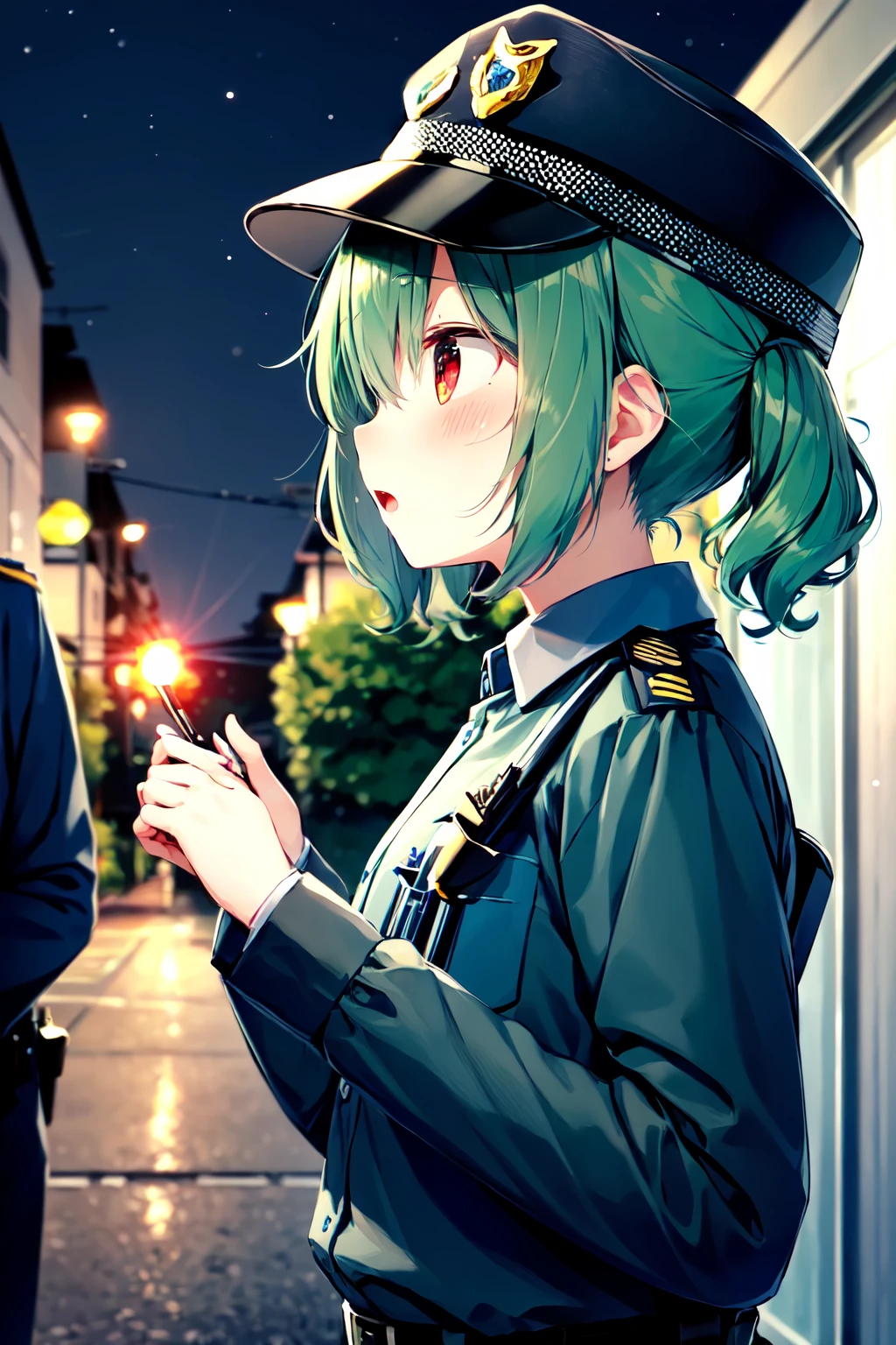 8k, highres, masterpiece, ultra-detailed, (high detail:1.1), 1girl, medium breasts, green hair, curly hair, twintails, short hair, red eyes, (Police Uniform:1.3), police hat, alley, nighttime, <lora:naughty_to_nice_v3:5>