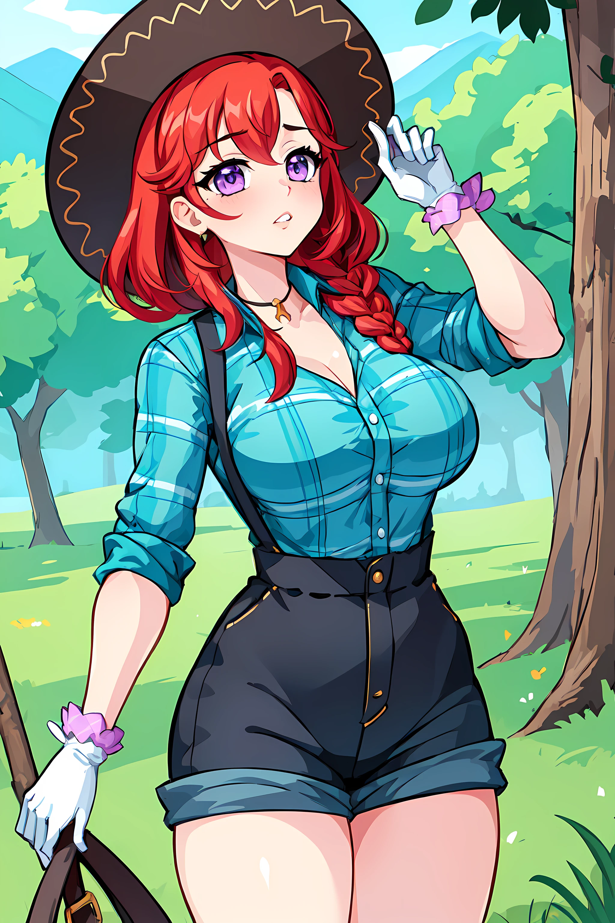 (masterpiece, best quality:1.2), marybelle, 1girl, solo, red hair, braid, hair over shoulder, purple eyes, breasts, cowboy hat, plaid shirt, white gloves, shorts, scrunchie, sleeves rolled up, outdoors <lora:MarybelleCCv1:0.7>