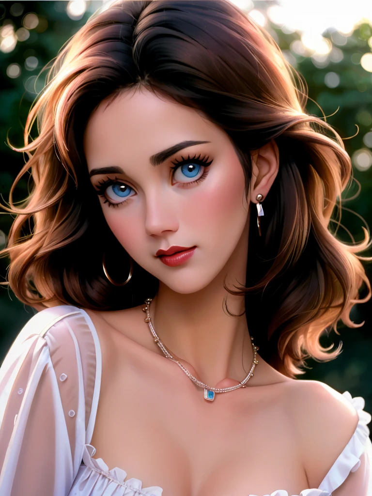 A beautiful lynd4c,1girl, solo, looking at viewer, blue eyes, brown hair, black hair, jewelry, collarbone, earrings, necklace, lips, eyelashes, makeup, lipstick, portrait, realistic, soft lighting, professional Photography, Photorealistic, detailed, RAW, analog, sharp focus, 8k, HD, high quality, masterpiece<lora:lynd4c:1.0>