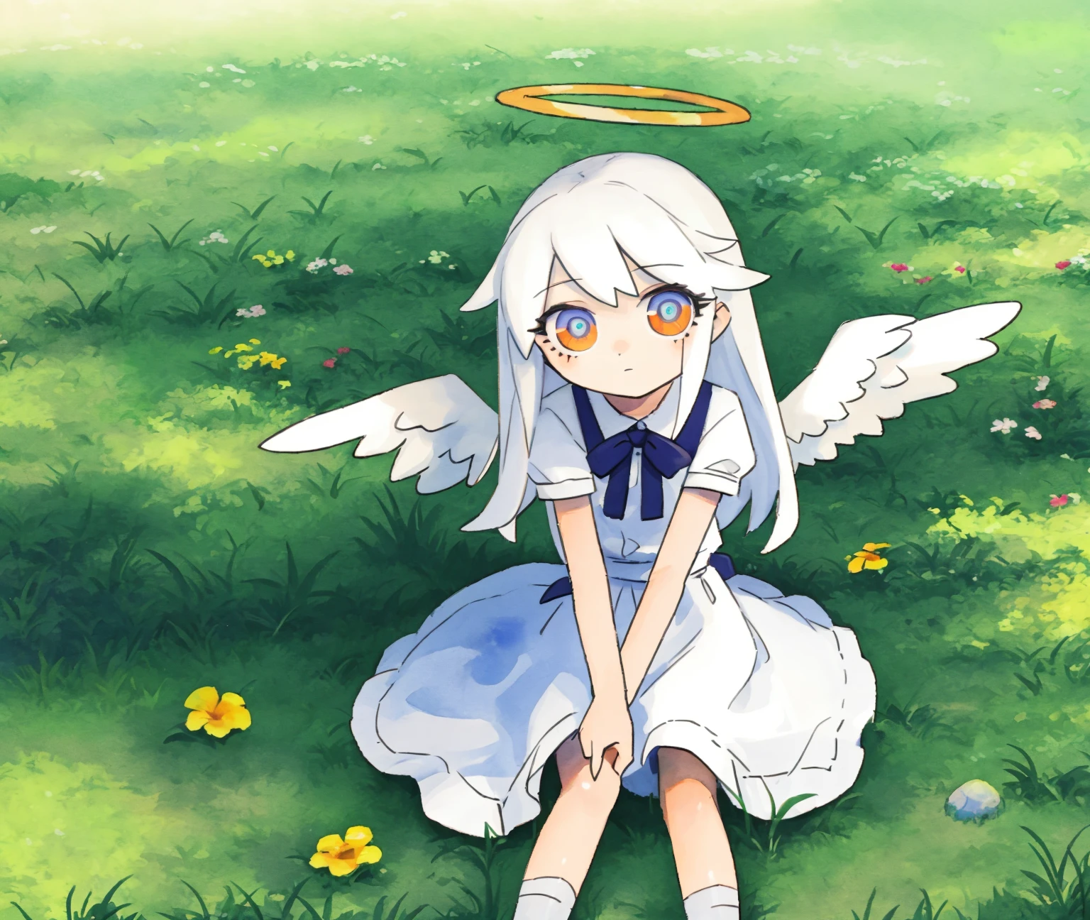 lvzi,1girl, angel, angel wings, blue eyes, dress, expressionless, fish, grass, halo, long hair, looking at viewer, painting \(medium\), solo, surreal, tall grass, traditional media, water, watercolor \(medium\), white dress, white hair, wings, <lora:lvzi:1>