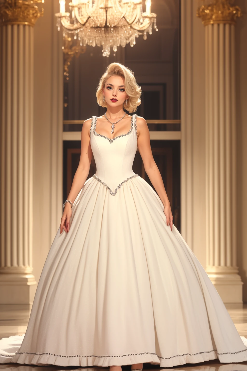 woman, adult, beautiful, solo, high quality, best quality, highres, high detail,<lora:WCP-48:0.75> dr3ss, white dress, ((ballgown)), trim stitching,  sleeveless Elegant Viennese Opera Box with the golden glow of chandeliers illuminating plush velvet seats, transporting you to a world of musical enchantment. necklace, jewelry ((platinum blonde hair)) eyeliner, eyeshadow, makeup, black lips full body,