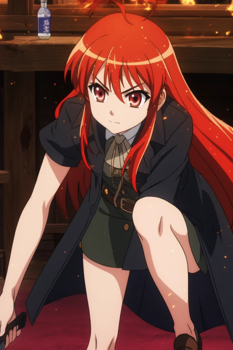 masterpiece, 8k,
flame-haired burning-eyed hunter,
 <lora:ShakuganNoShana_shana_v4:0.7>
Wild West Saloon, 
Lifting one leg while leaning forward