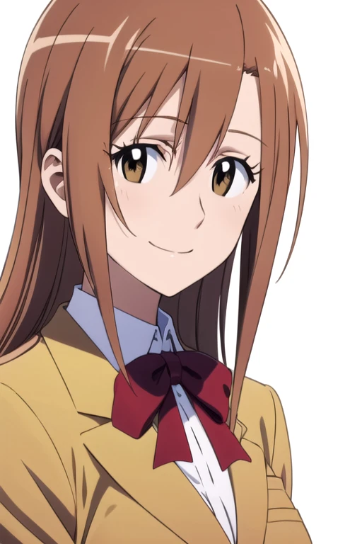 solo, 1girl, looking at viewer, 2D, anime, anime coloring, upper body, (solid white background:1.3), <lora:aria-syd:0.8>, aria shichijou, blazer, school uniform, smile