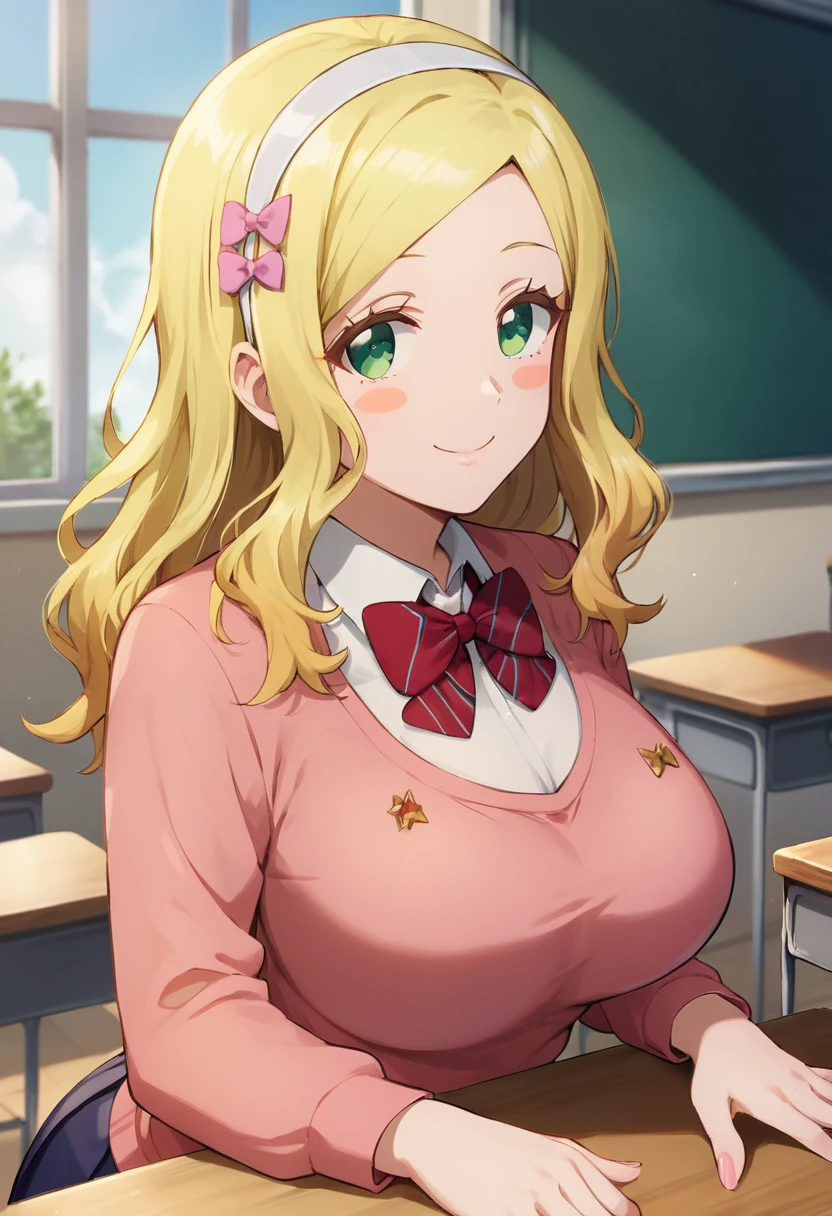 masterpiece,best quality, highly detailed, score_9, score_8_up, score_7_up, score_6_up,<lora:xl_more_art-full_v1:0.8>,
BREAK
 <lora:carol:0.8>carol,blonde hair, smile, 1girl, school uniform, bow, hairband, green eyes, long hair, classroom, sweater, blush stickers, desk, breasts, school desk, solo focus, bowtie, looking at viewer, indoors, large breasts