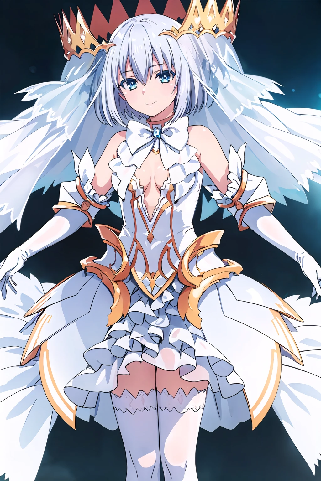 masterpiece, best quality, 1girl, blue eyes, solo, standing, (crown:1.1), white hair, short hair, hair between eyes, (bridal veil:1.2), looking at viewer, smile, bare shoulders, cleavage, small breasts, detached sleeves, elbow gloves, white gloves, white bow, white bowtie, (white dress:1.25), white thighhighs, center opening, <lora:TobiichiOrigamiAngel_V2_4a-000009:0.8>, alternate costume,