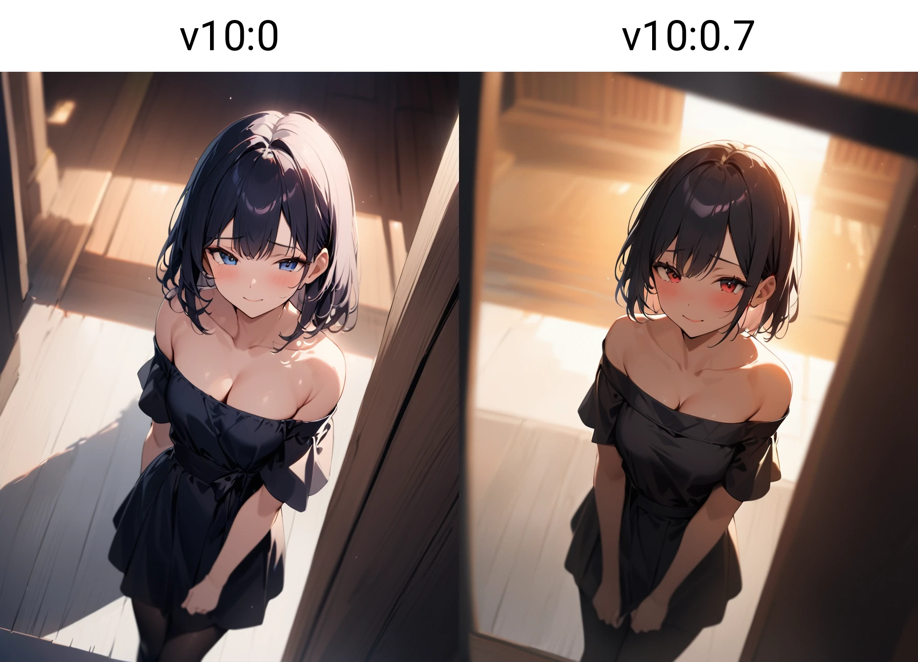 (((One girl))), blond hair, bob cut, (cowboy shot), (looking at viewer), face in focus, breasts, teenager, head tilt:1.3, (((blue eye))), ((happy smile)), ((full face blush)), school summer uniform, white shirts, ((black tie)), black skirt, dynamic pose, ((cleavage)), anime style, (best quality, 4k, 8k, highres, masterpiece:1.2, ultra-detailed, ultra-detailed eyes, HDR, UHD, studio lighting, ultra-fine painting, sharp focus, physically-based rendering, extreme detail description, professional, vivid colors, bokeh)