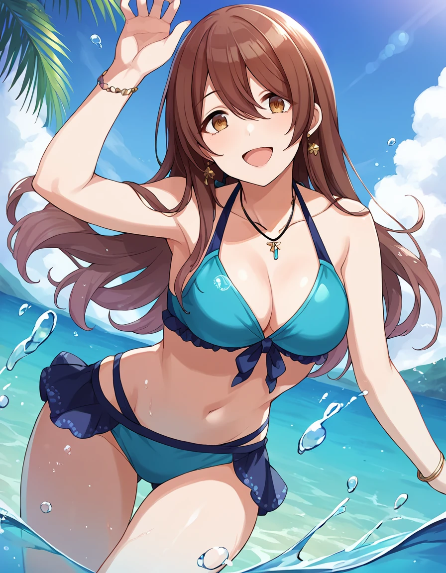 score_9, score_8_up, score_7_up, source_anime,
source_anime, rating_sensitive, sexually suggestive, 
1girl, solo, dating, joyful smile, open mouth,  partially submerged, dynamic pose,  looking at viewer,  dynamic angle, outdoors, summer, day, sunbeam, blue sky,  water, splash, <lora:OsakiTwins_pony_v1:0.9> 
osktnk, long hair, brown hair, bangs, hair between eyes, brown eyes, yellow eyes, medium breasts, 
blue bikini, halterneck, lowleg, thighs, necklace, bangle, earrings,