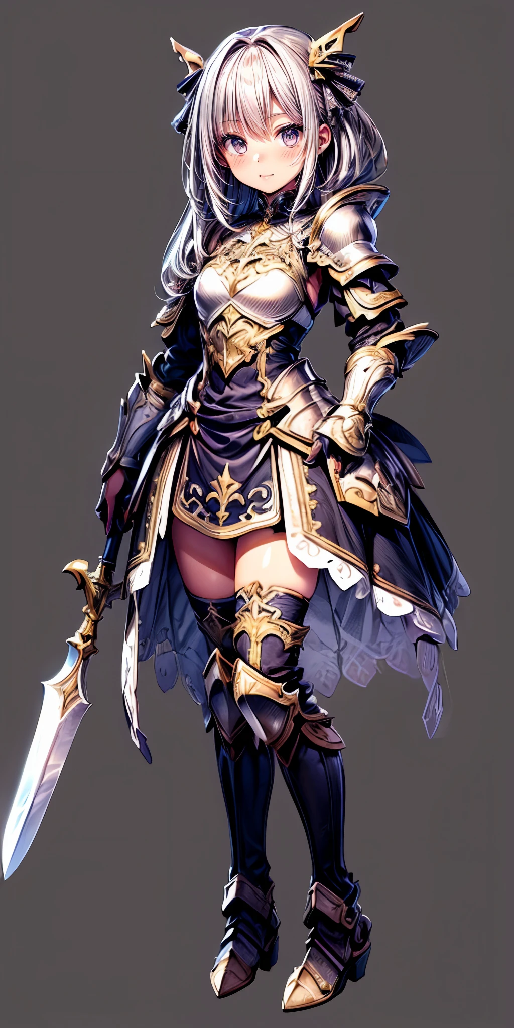 (masterpiece,ultra-detailed,best quality,8K,illustration:1.0),(ite girl:1.0) <lora:more_details:1>,cute face,simple background
<lora:himekishi v1.0:0.8> himekishi, jyojifuku, weapon, armor, boots, thighhighs, dress